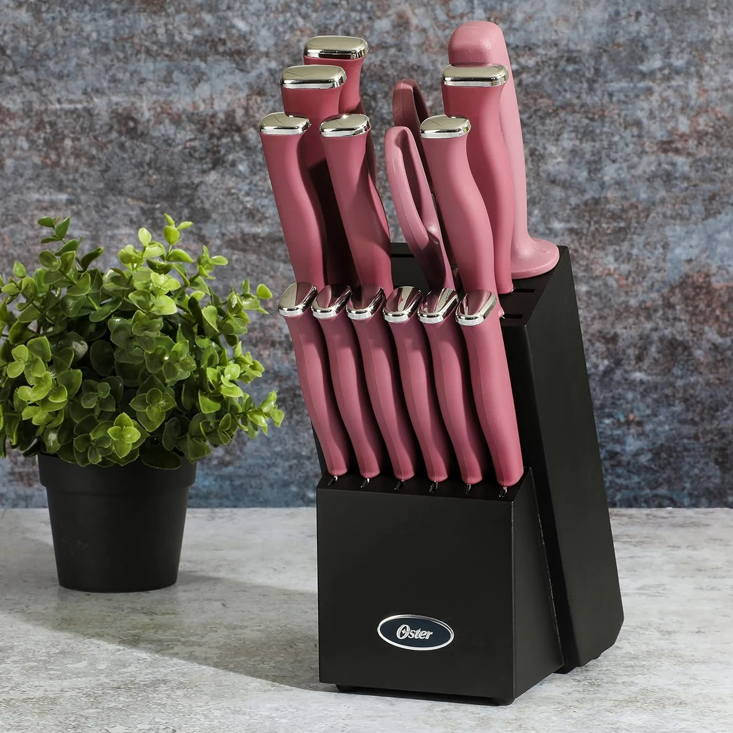 Oster Langmore 15 Piece Stainless Steel Cutlery Knife Block Set W/Black Box – Purple