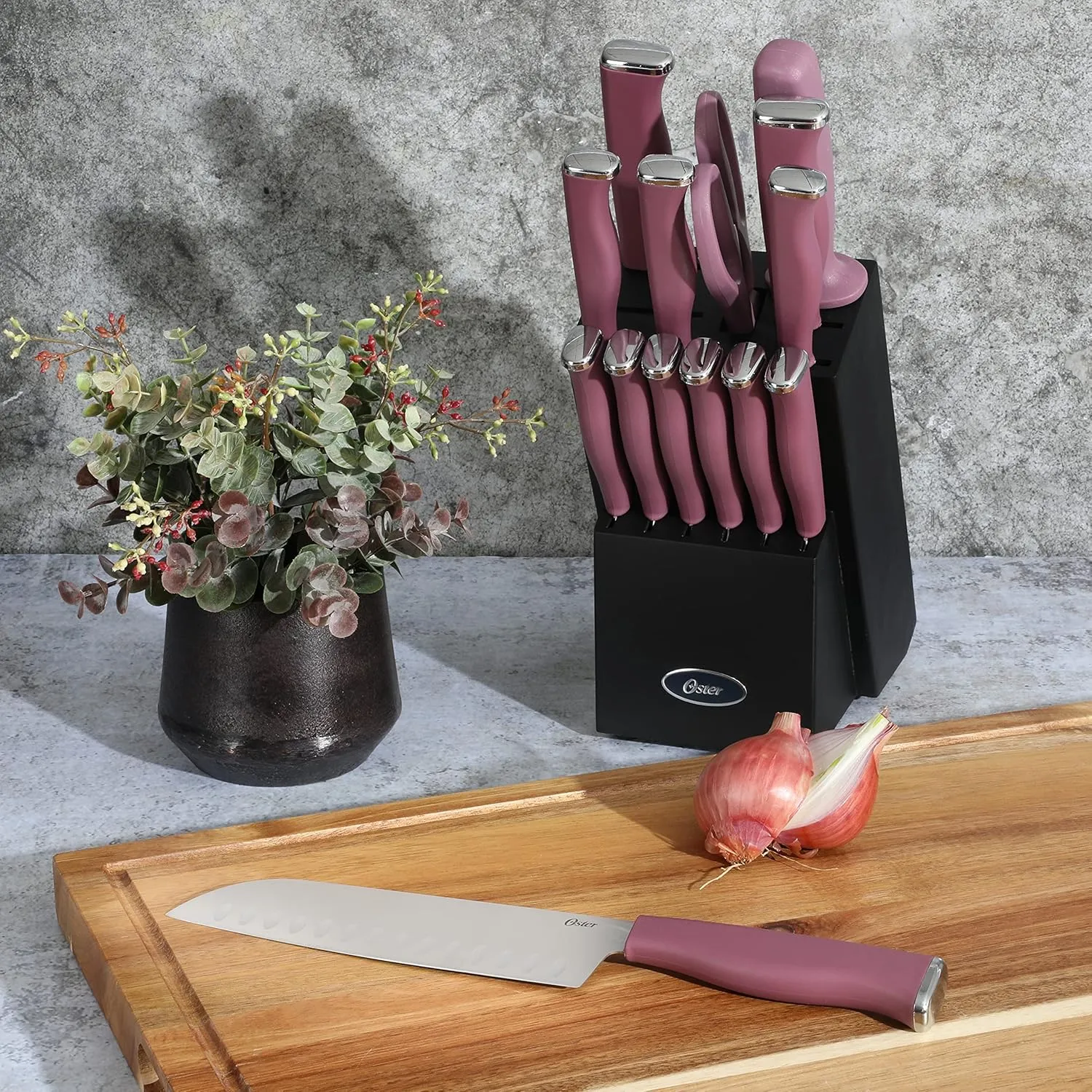 Oster Langmore 15 Piece Stainless Steel Cutlery Knife Block Set W/Black Box – Purple