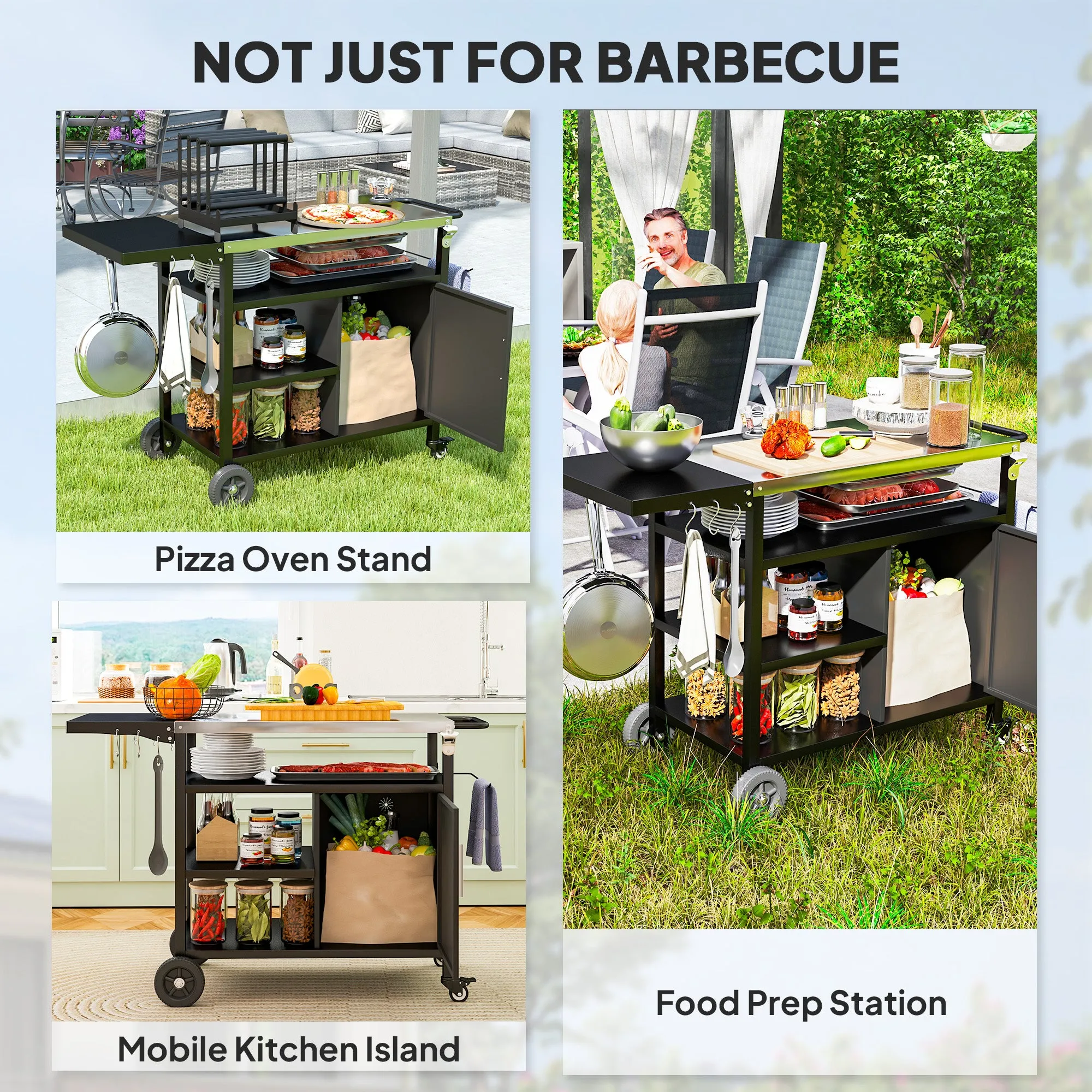 Outdoor BBQ Trolley with Foldable Side Table, Stainless Steel Top, Outdoor Kitchen with Wheels Hooks Shelves Cabinet, Pizza Oven Table Movable Outdoor Grill Dining Cart with Cover, Black