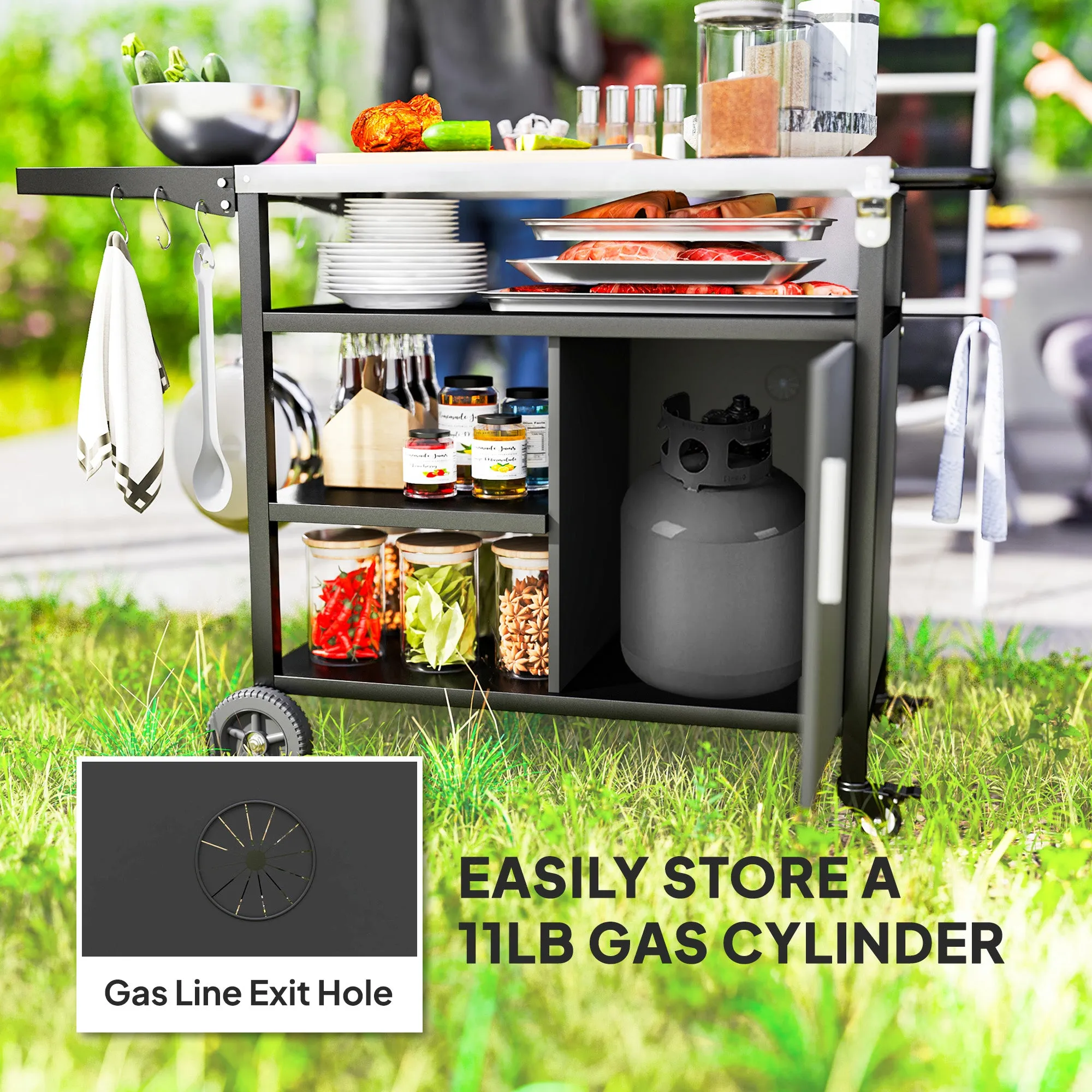 Outdoor BBQ Trolley with Foldable Side Table, Stainless Steel Top, Outdoor Kitchen with Wheels Hooks Shelves Cabinet, Pizza Oven Table Movable Outdoor Grill Dining Cart with Cover, Black