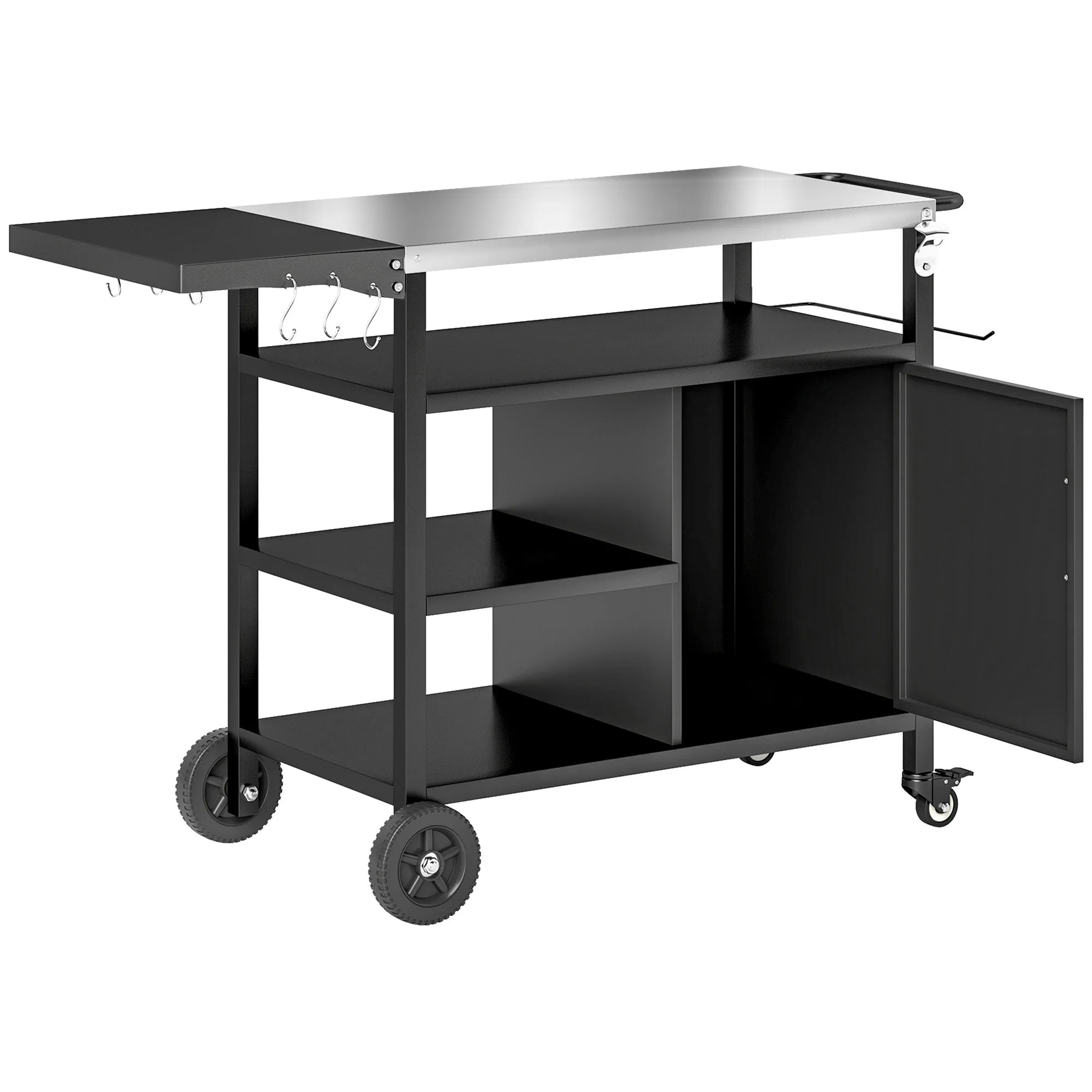 Outdoor BBQ Trolley with Foldable Side Table, Stainless Steel Top, Outdoor Kitchen with Wheels Hooks Shelves Cabinet, Pizza Oven Table Movable Outdoor Grill Dining Cart with Cover, Black