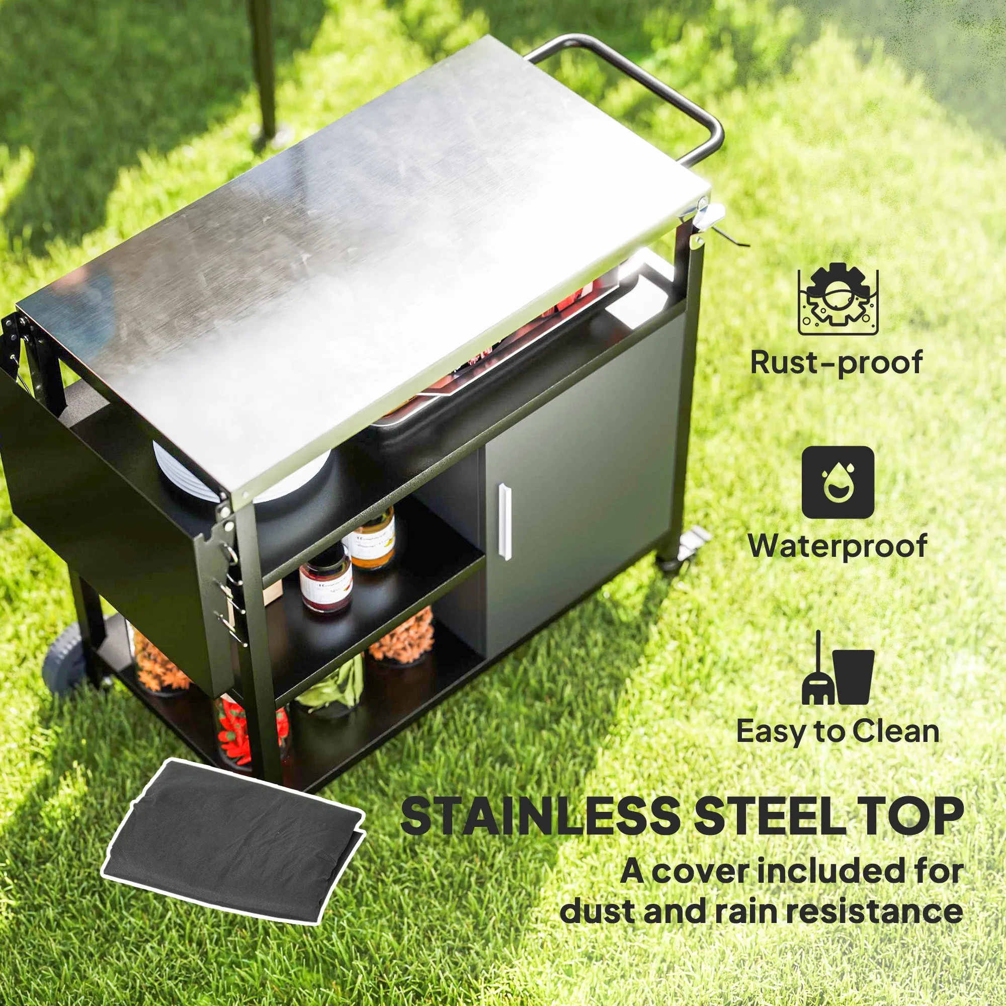 Outdoor BBQ Trolley with Foldable Side Table, Stainless Steel Top, Outdoor Kitchen with Wheels Hooks Shelves Cabinet, Pizza Oven Table Movable Outdoor Grill Dining Cart with Cover, Black