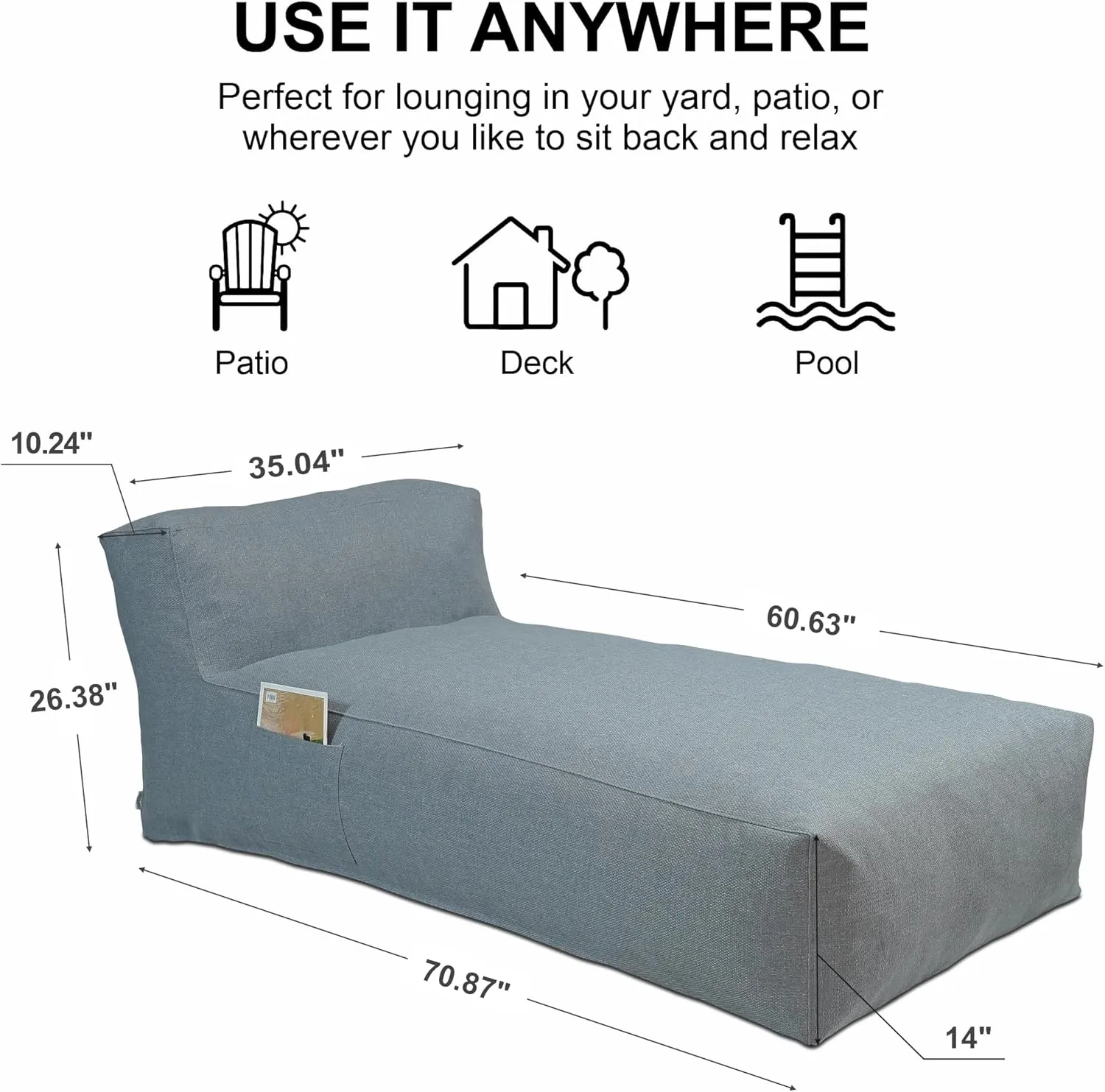 Outdoor Bean Bag Bed Lounger Chair for Pool, Comfy Foam Lazy Patio Sofa Furniture, Water-Resistant Outside Couch, Outdoor Day Beds Sofa for Pool, Patio, Deck (Dark Grey, 70.86 inch)