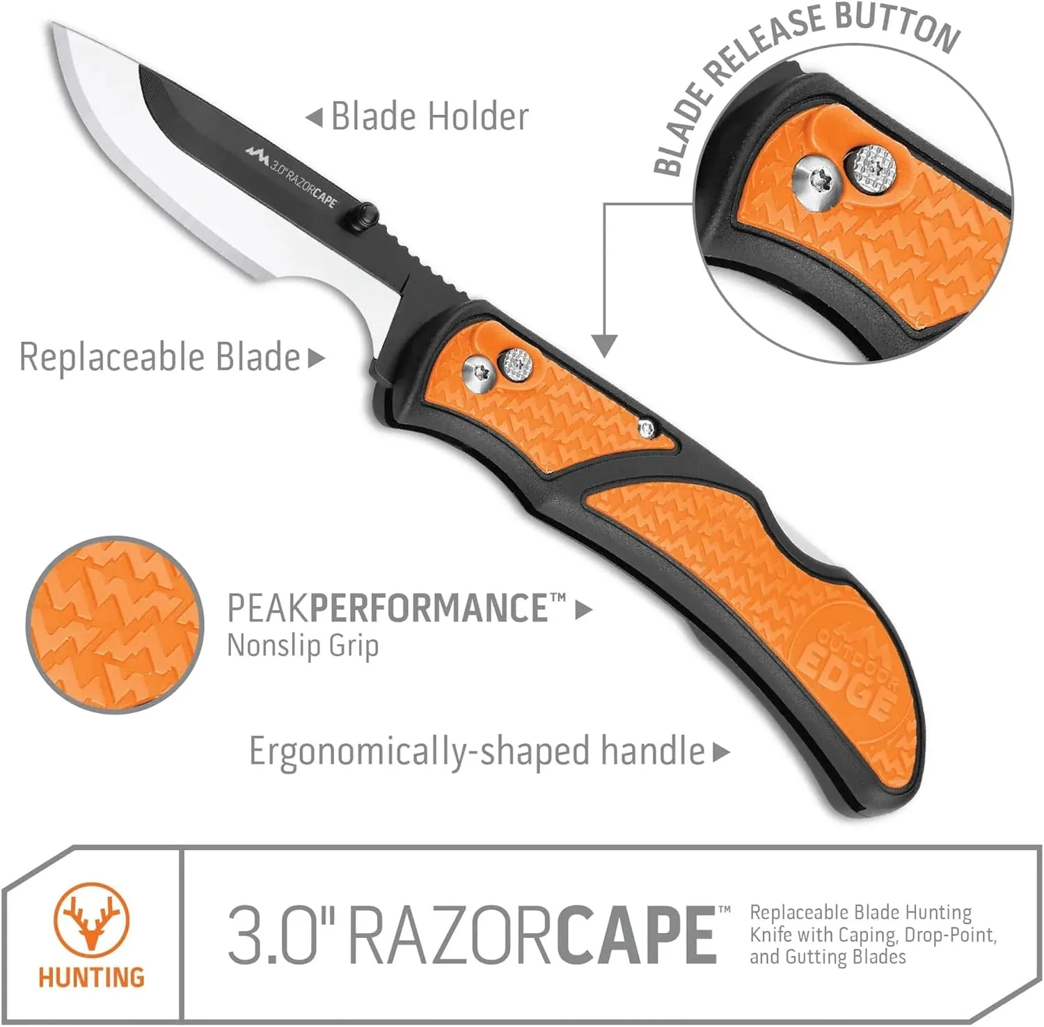 OUTDOOR EDGE 3" RazorCape Pocket Knife with Replaceable Blades and Clip. The Perfect Folding Compact Hunting Knife for Caping & Skinning Deer. (Orange)