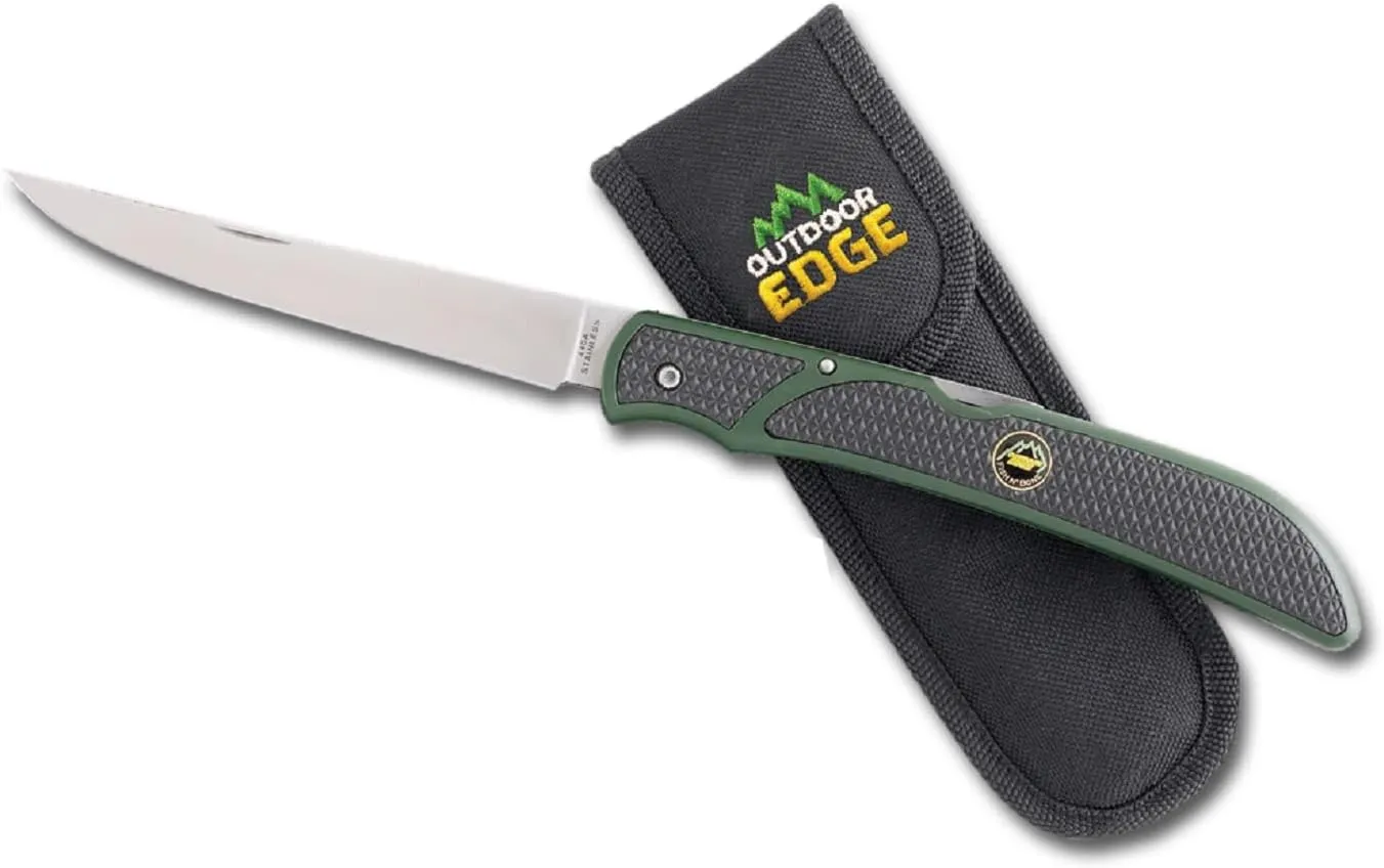 OUTDOOR EDGE Fish & Bone - Folding Fillet Knife with 5.0" 440A Stainless Steel Blade for Fish and Processing Big Game - Pocket Clip
