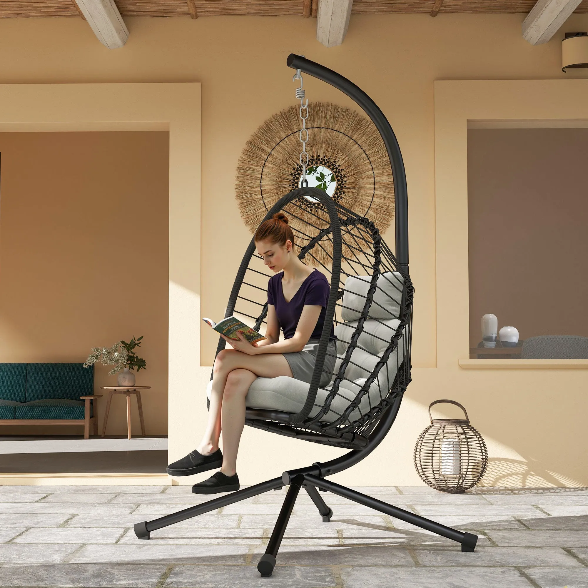 Outdoor PE Rattan Swing Chair with Cushion, Garden Foldable Basket Patio Hanging Egg Chair with Metal Stand, Headrest, for Indoor and Outdoor, Black