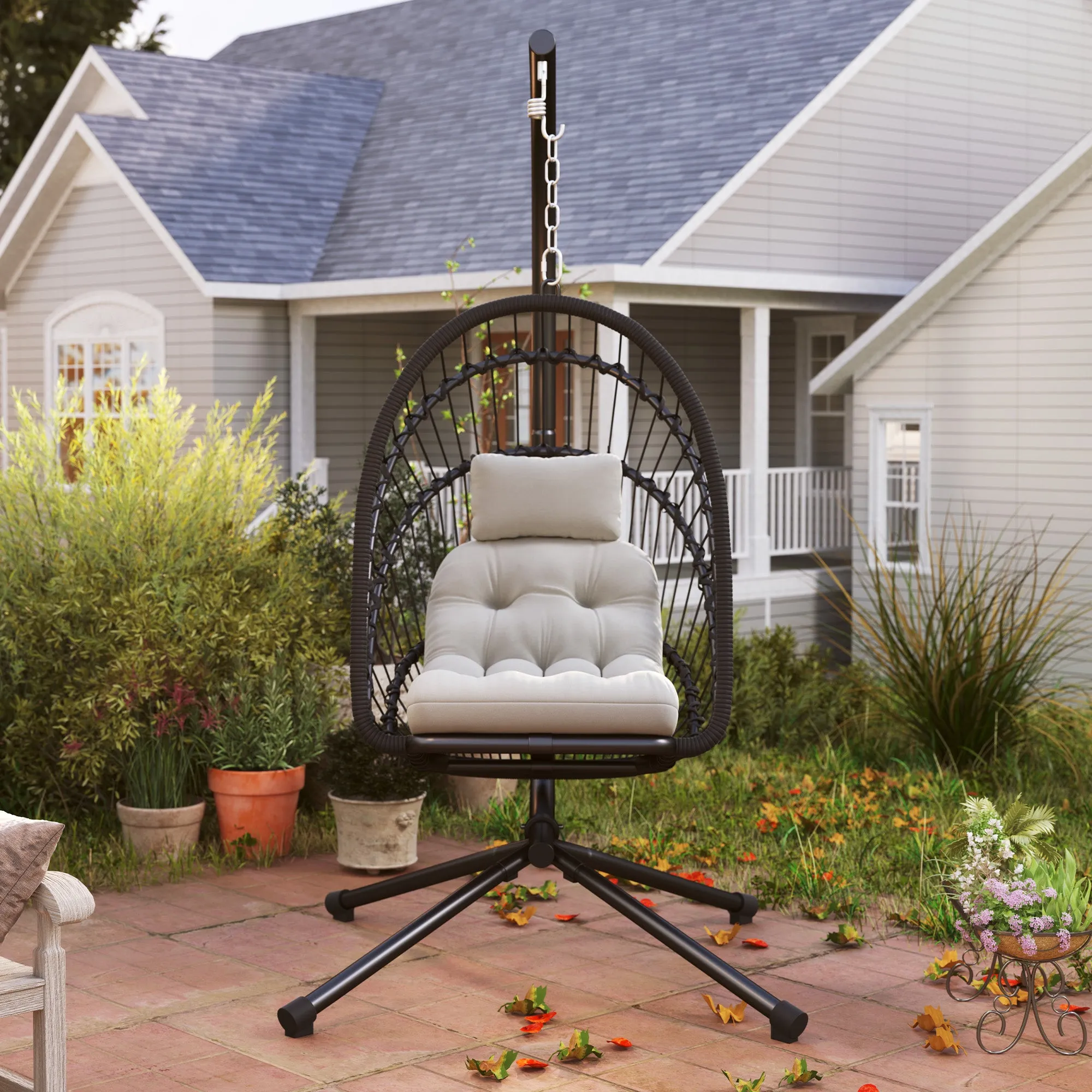 Outdoor PE Rattan Swing Chair with Cushion, Garden Foldable Basket Patio Hanging Egg Chair with Metal Stand, Headrest, for Indoor and Outdoor, Black