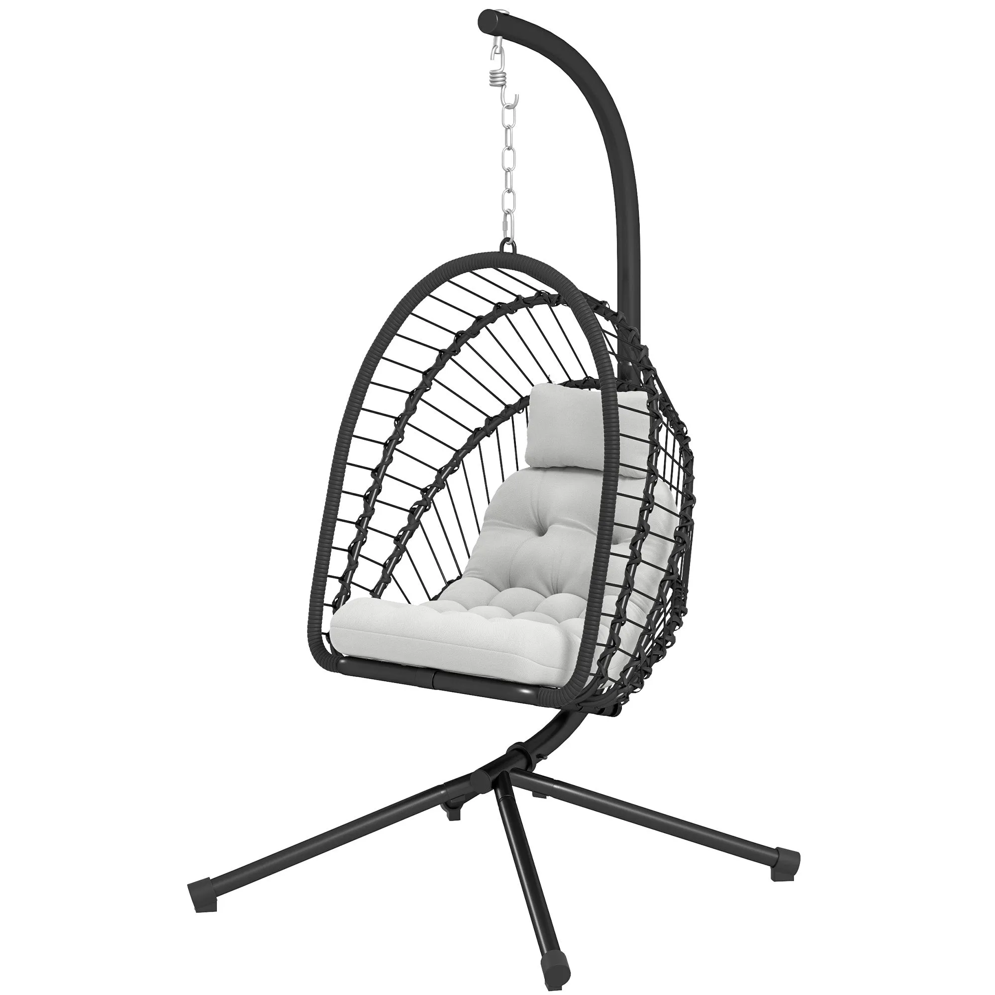 Outdoor PE Rattan Swing Chair with Cushion, Garden Foldable Basket Patio Hanging Egg Chair with Metal Stand, Headrest, for Indoor and Outdoor, Black