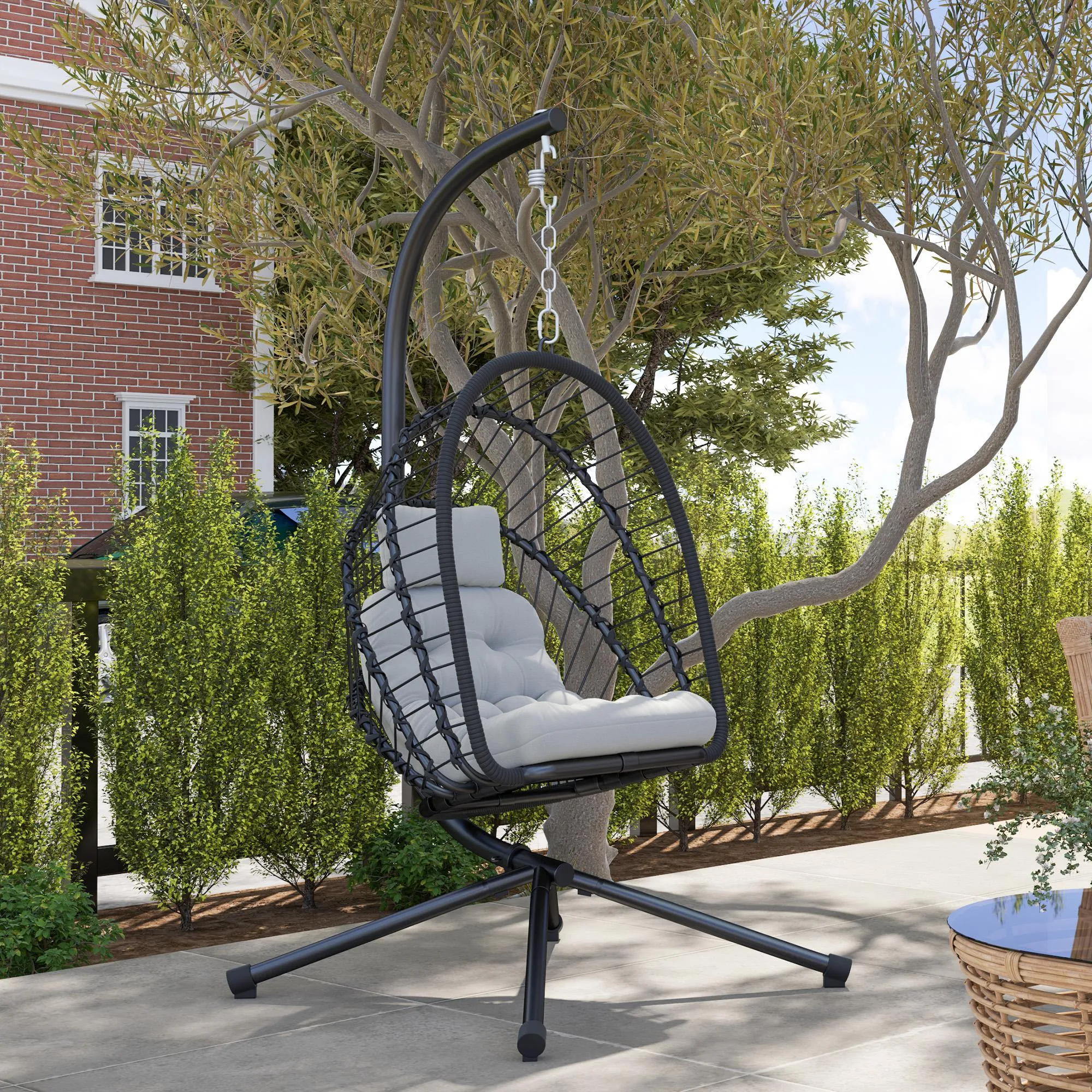 Outdoor PE Rattan Swing Chair with Cushion, Garden Foldable Basket Patio Hanging Egg Chair with Metal Stand, Headrest, for Indoor and Outdoor, Black