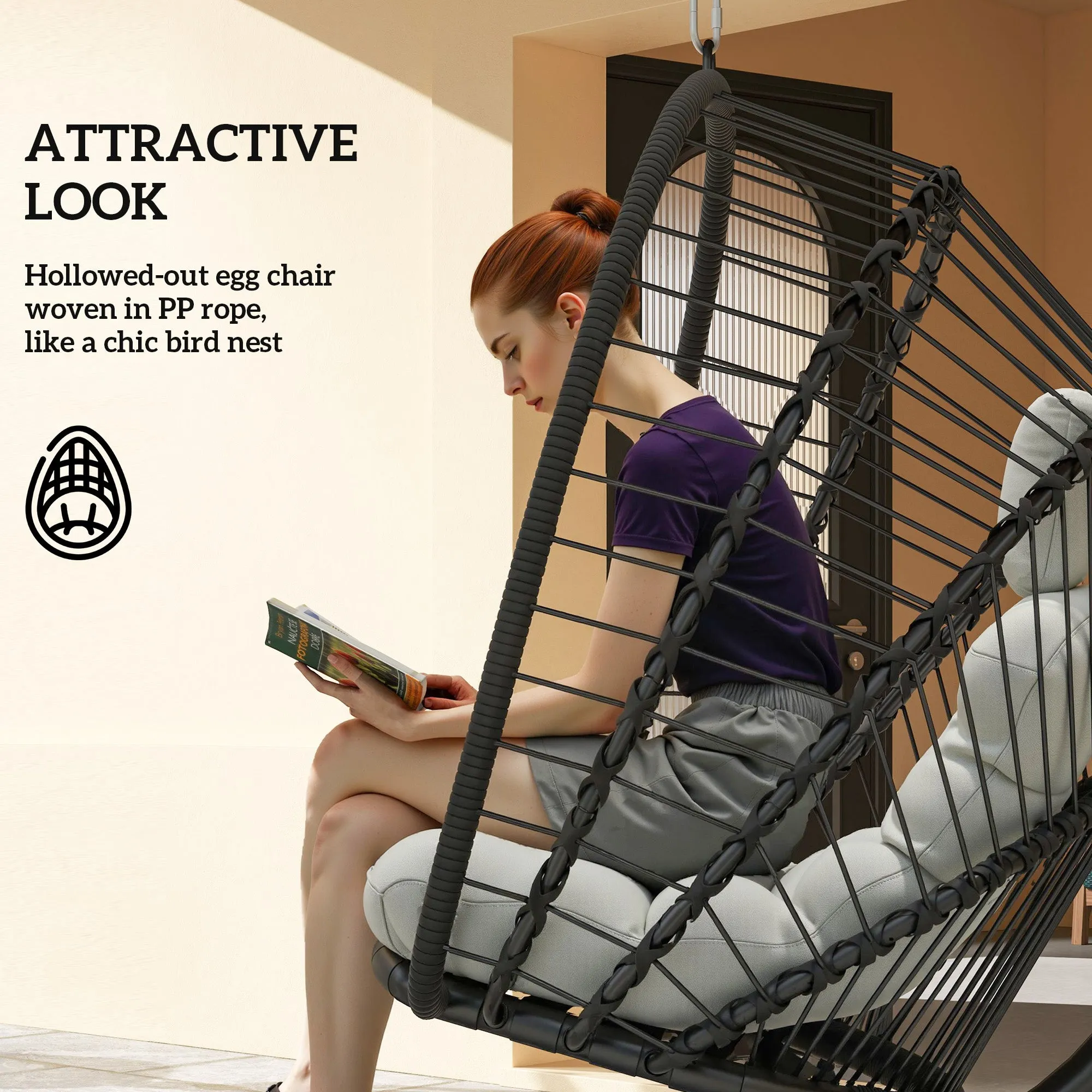 Outdoor PE Rattan Swing Chair with Cushion, Garden Foldable Basket Patio Hanging Egg Chair with Metal Stand, Headrest, for Indoor and Outdoor, Black