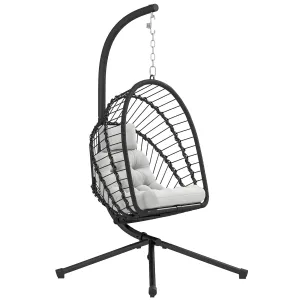 Outdoor PE Rattan Swing Chair with Cushion, Garden Foldable Basket Patio Hanging Egg Chair with Metal Stand, Headrest, for Indoor and Outdoor, Black