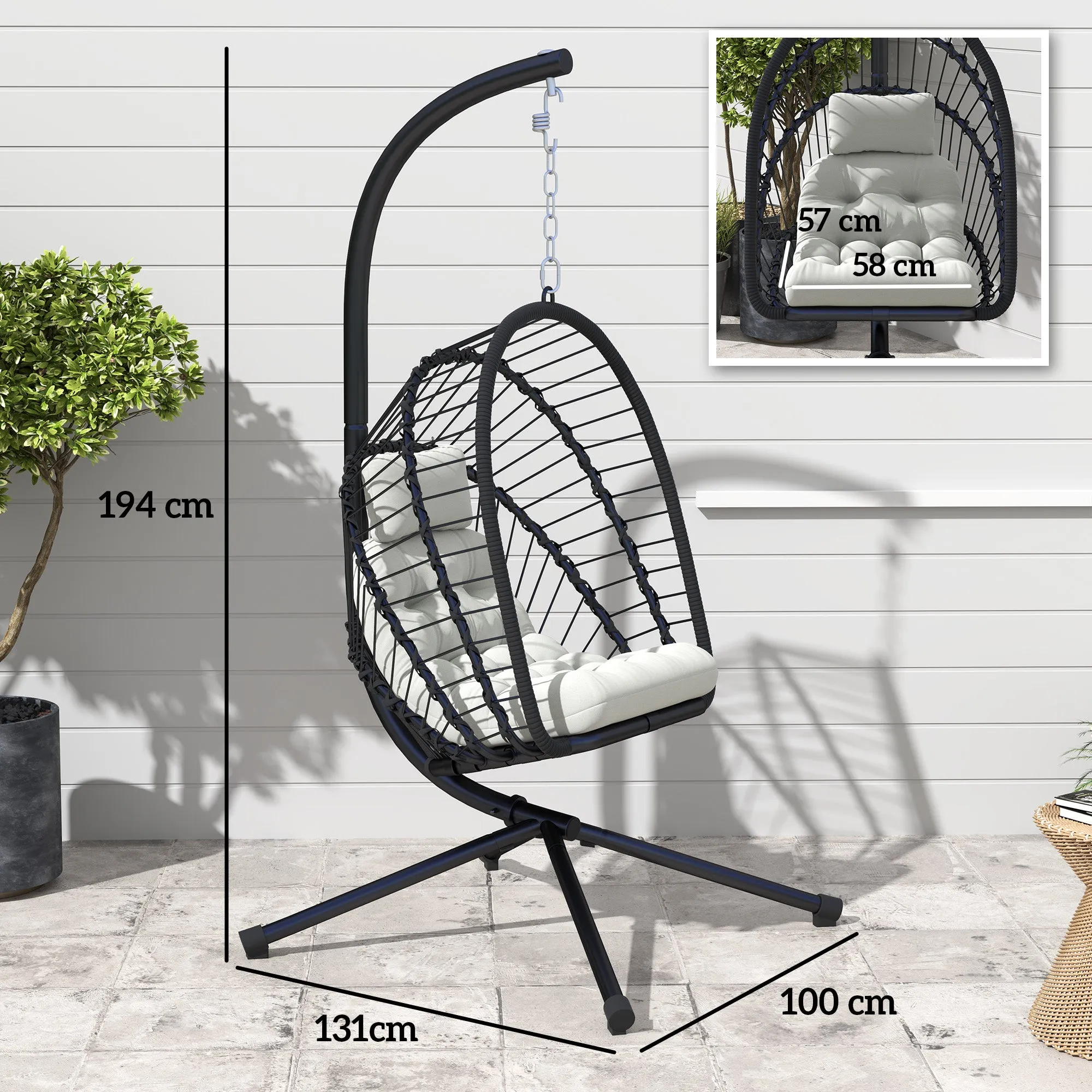 Outdoor PE Rattan Swing Chair with Cushion, Garden Foldable Basket Patio Hanging Egg Chair with Metal Stand, Headrest, for Indoor and Outdoor, Black