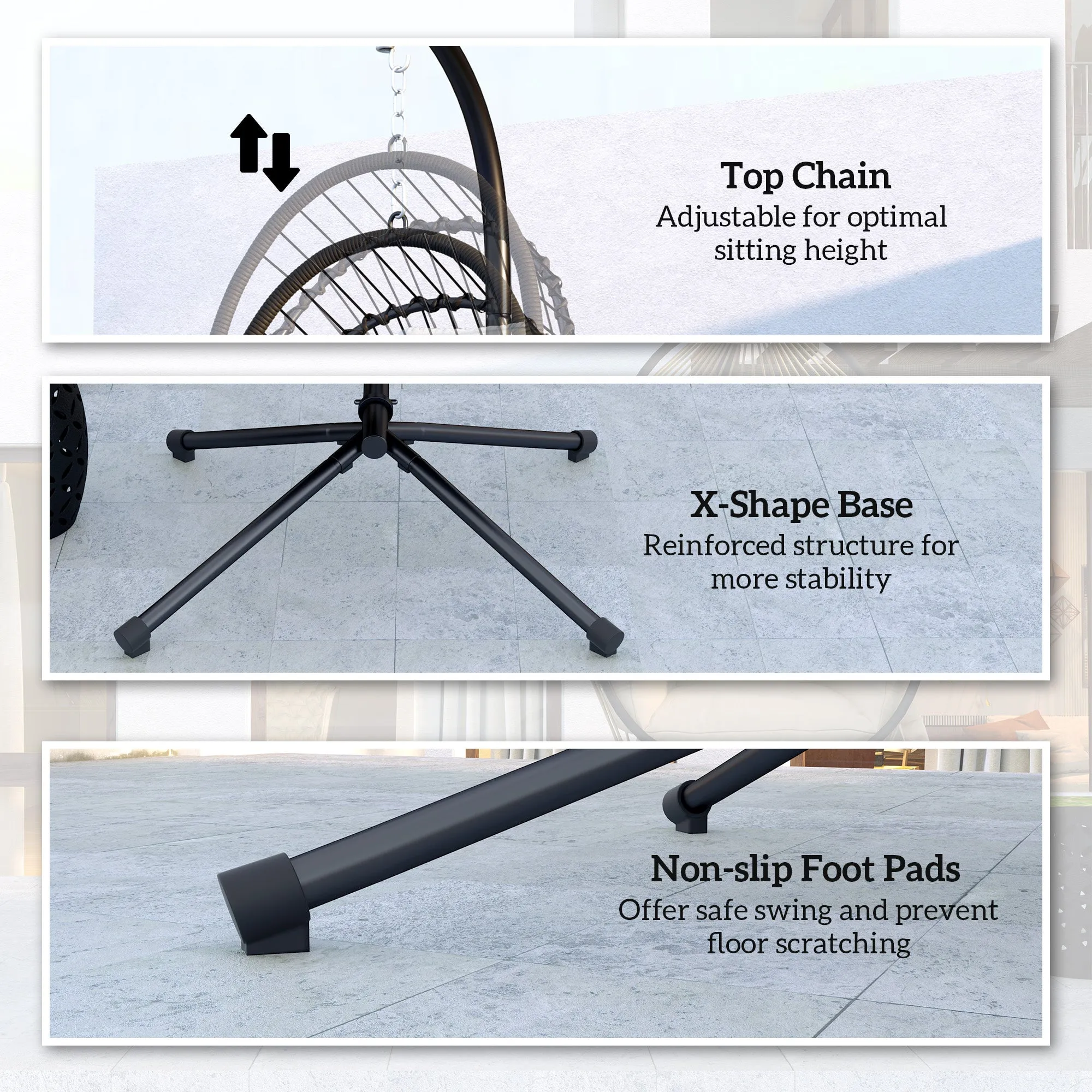 Outdoor PE Rattan Swing Chair with Cushion, Garden Foldable Basket Patio Hanging Egg Chair with Metal Stand, Headrest, for Indoor and Outdoor, Black