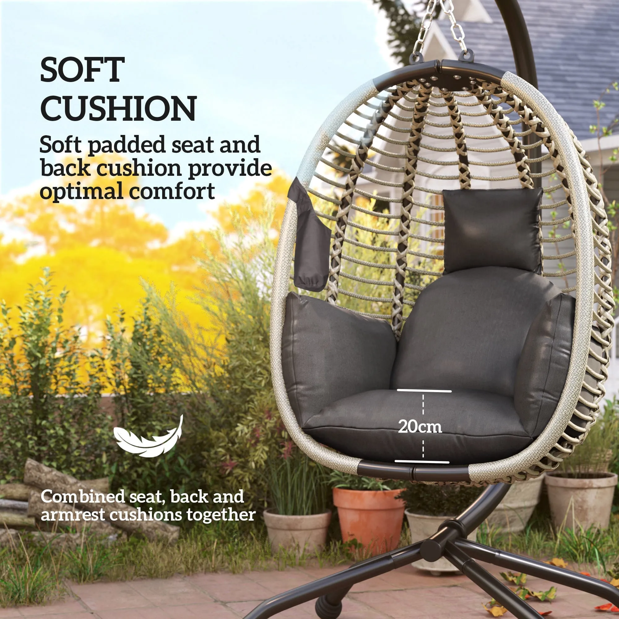 Outdoor Swing Chair with Thick Padded Cushion, Patio Hanging Egg Chair with Metal Stand, Foldable Basket, Cup Holder, Rope Structure for Indoor & Outdoor, Dark Grey