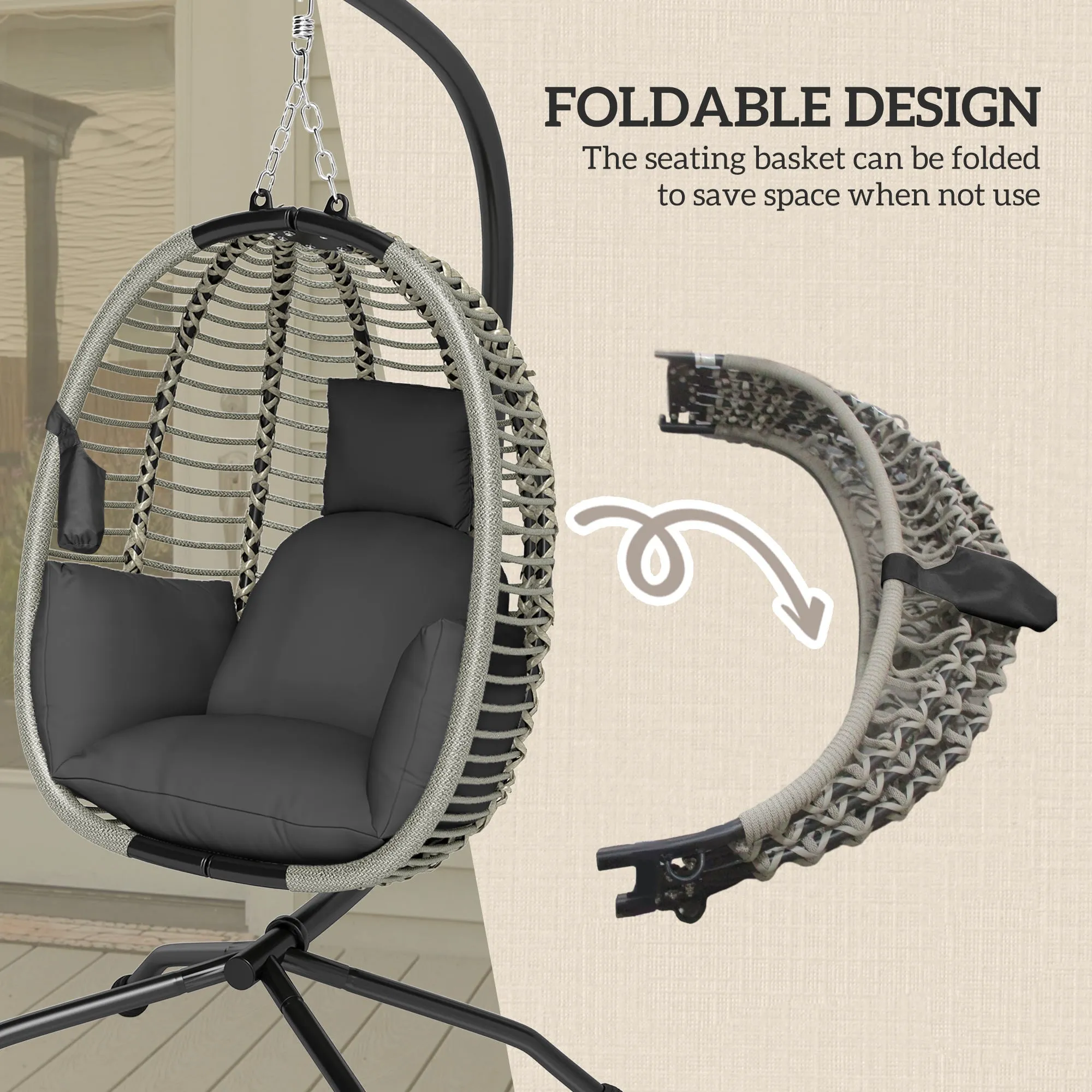 Outdoor Swing Chair with Thick Padded Cushion, Patio Hanging Egg Chair with Metal Stand, Foldable Basket, Cup Holder, Rope Structure for Indoor & Outdoor, Dark Grey