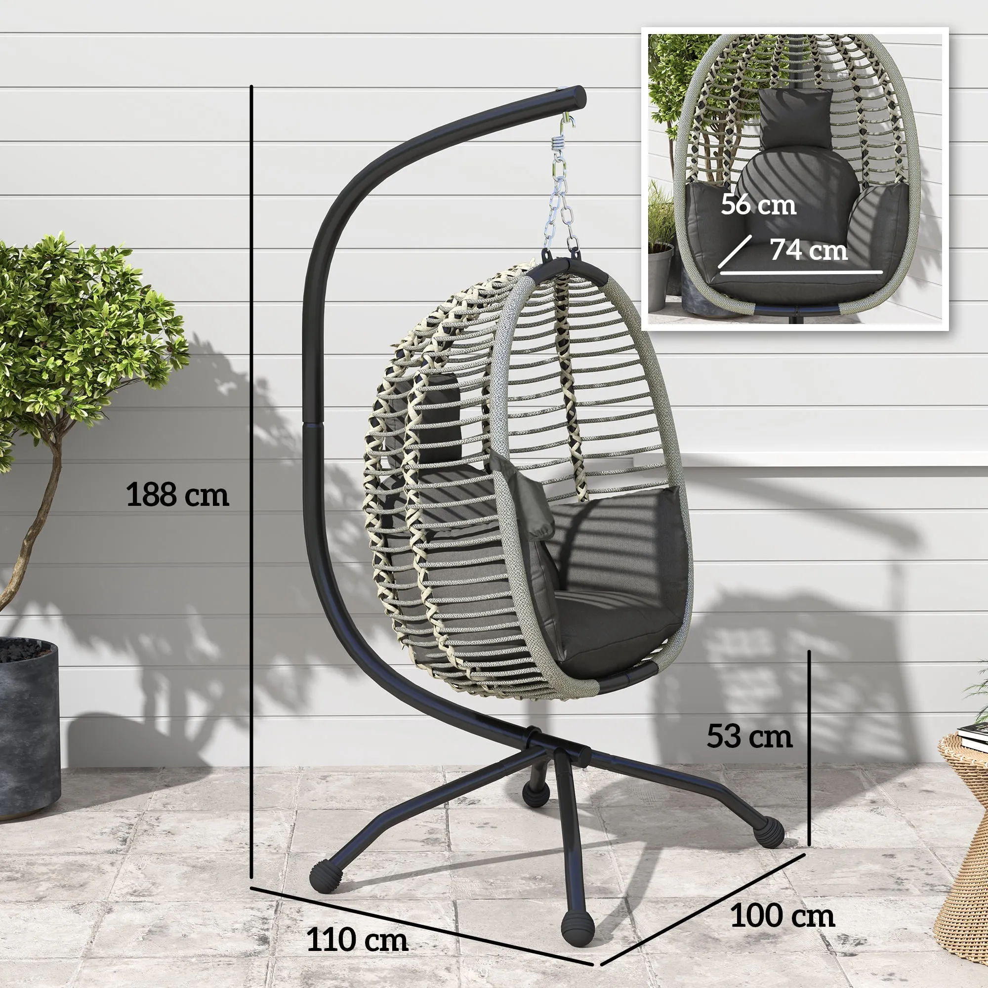 Outdoor Swing Chair with Thick Padded Cushion, Patio Hanging Egg Chair with Metal Stand, Foldable Basket, Cup Holder, Rope Structure for Indoor & Outdoor, Dark Grey