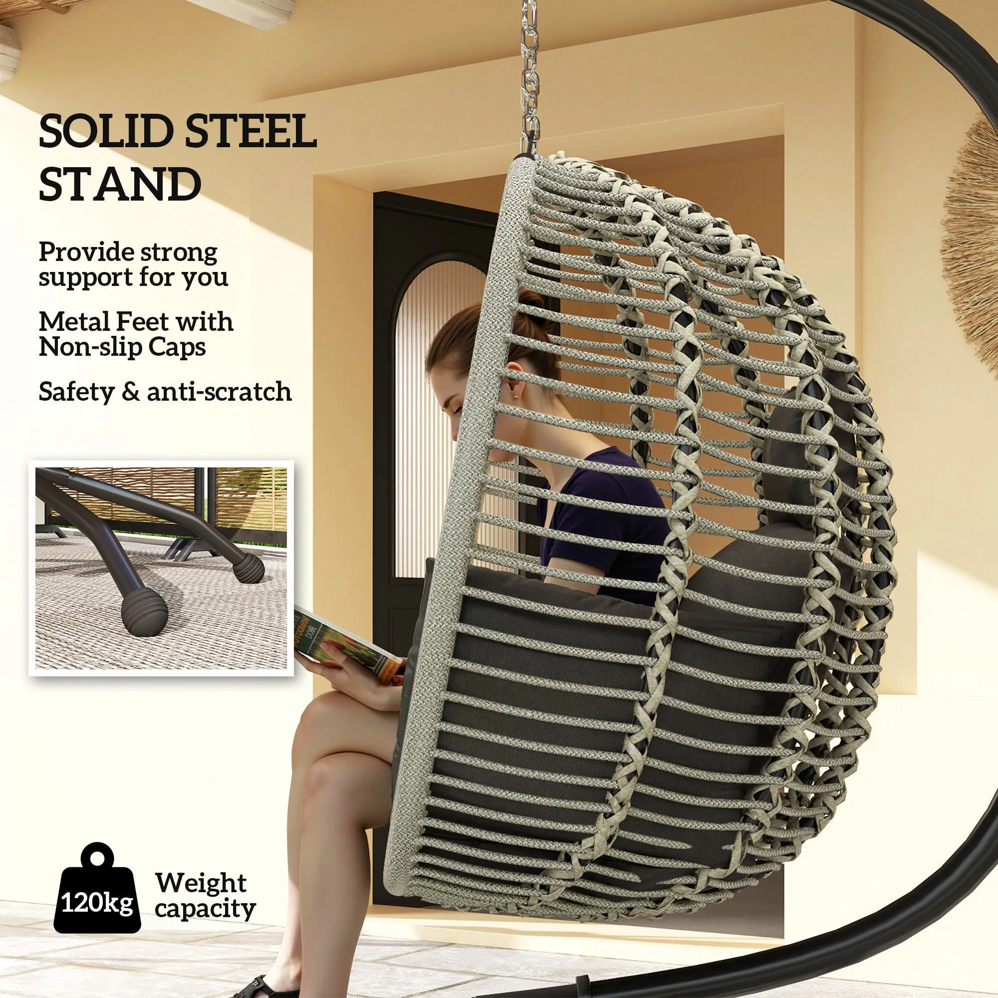 Outdoor Swing Chair with Thick Padded Cushion, Patio Hanging Egg Chair with Metal Stand, Foldable Basket, Cup Holder, Rope Structure for Indoor & Outdoor, Dark Grey
