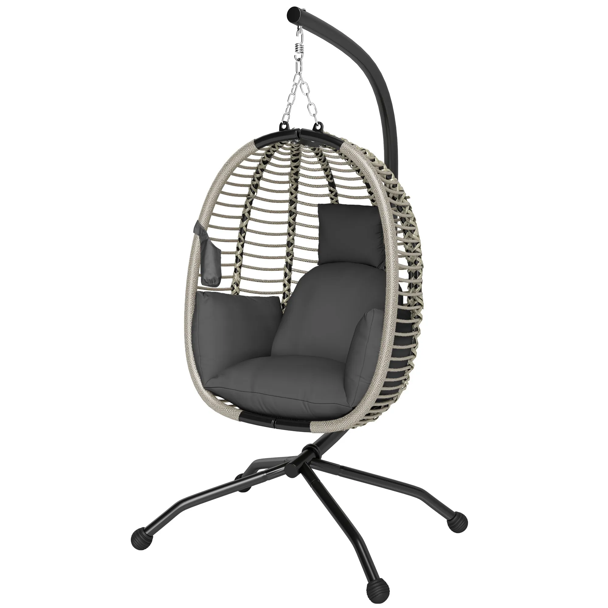 Outdoor Swing Chair with Thick Padded Cushion, Patio Hanging Egg Chair with Metal Stand, Foldable Basket, Cup Holder, Rope Structure for Indoor & Outdoor, Dark Grey