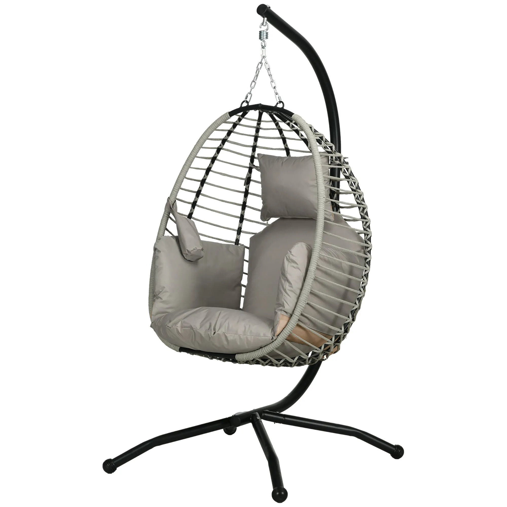 Outdoor Swing Chair with Thick Padded Cushion, Patio Hanging Egg Chair with Metal Stand, Foldable Basket, Cup Holder, Rope Structure for Indoor & Outdoor, Grey