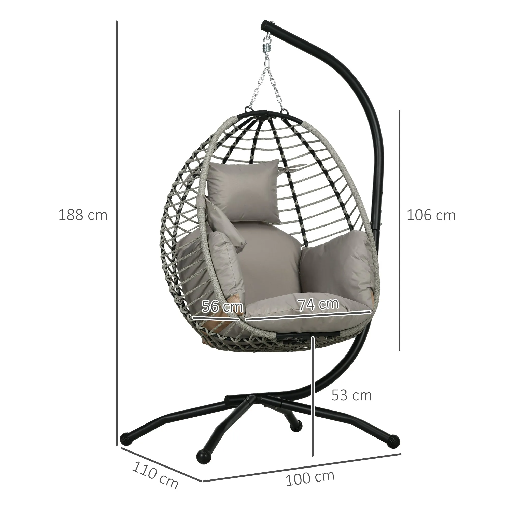 Outdoor Swing Chair with Thick Padded Cushion, Patio Hanging Egg Chair with Metal Stand, Foldable Basket, Cup Holder, Rope Structure for Indoor & Outdoor, Grey