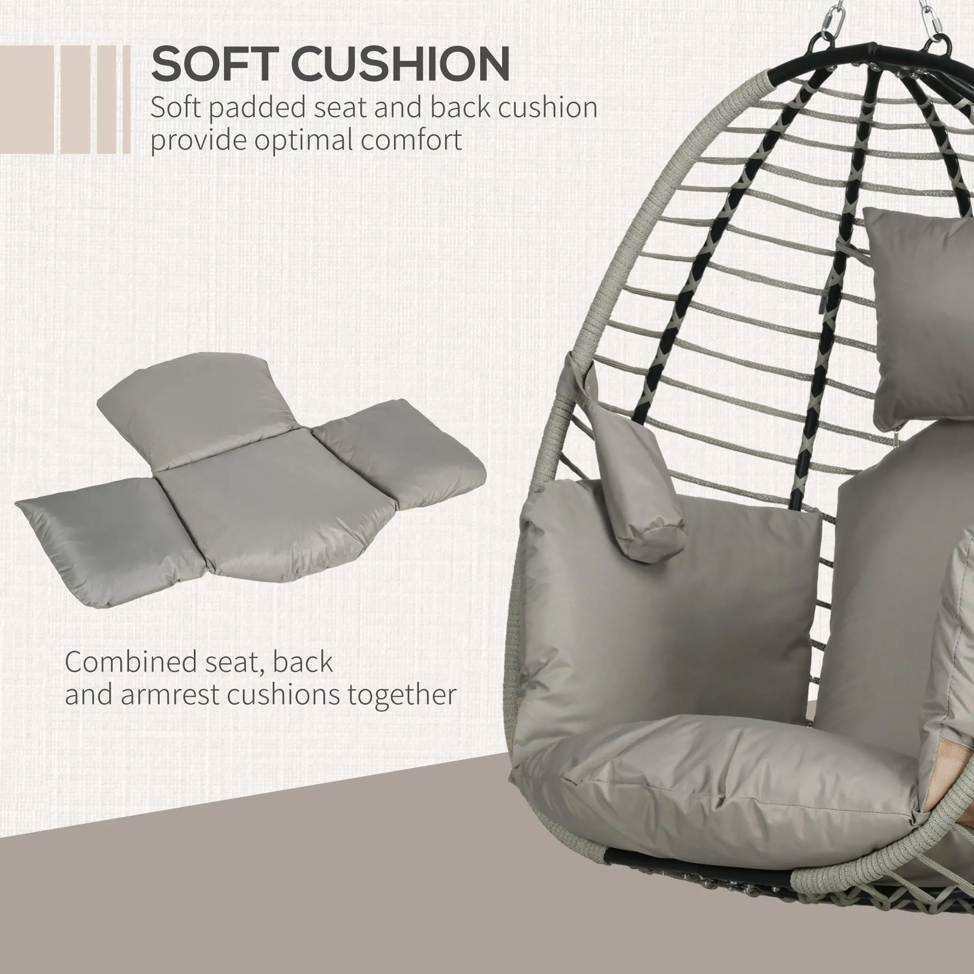 Outdoor Swing Chair with Thick Padded Cushion, Patio Hanging Egg Chair with Metal Stand, Foldable Basket, Cup Holder, Rope Structure for Indoor & Outdoor, Grey