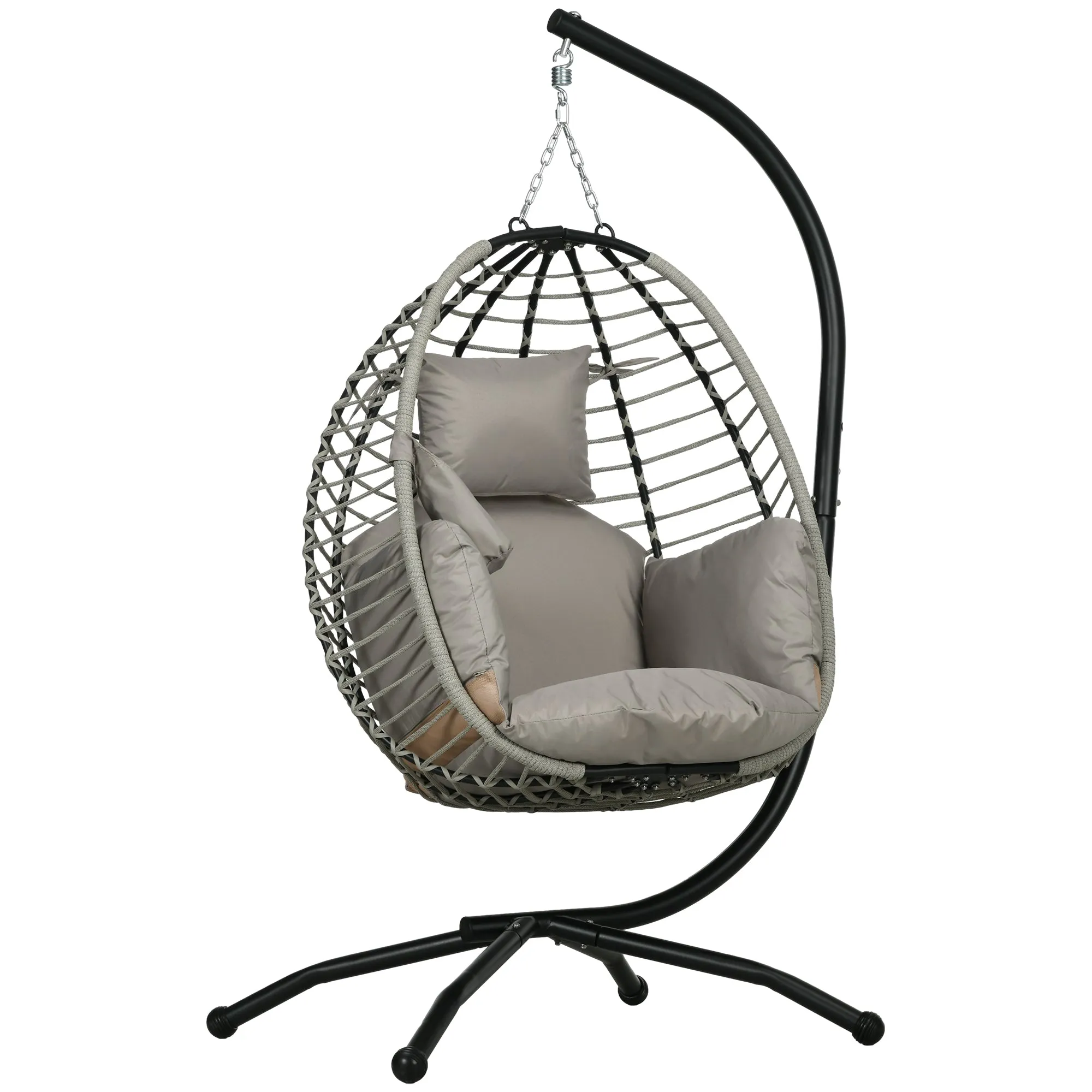 Outdoor Swing Chair with Thick Padded Cushion, Patio Hanging Egg Chair with Metal Stand, Foldable Basket, Cup Holder, Rope Structure for Indoor & Outdoor, Grey