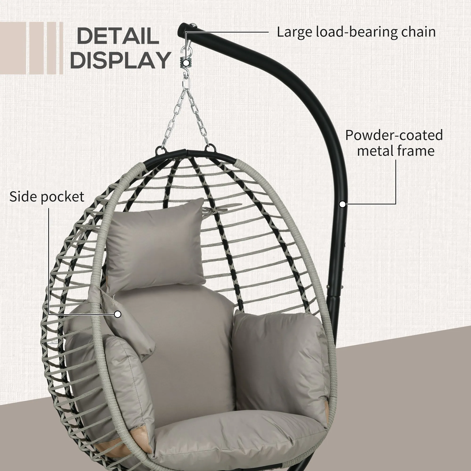 Outdoor Swing Chair with Thick Padded Cushion, Patio Hanging Egg Chair with Metal Stand, Foldable Basket, Cup Holder, Rope Structure for Indoor & Outdoor, Grey