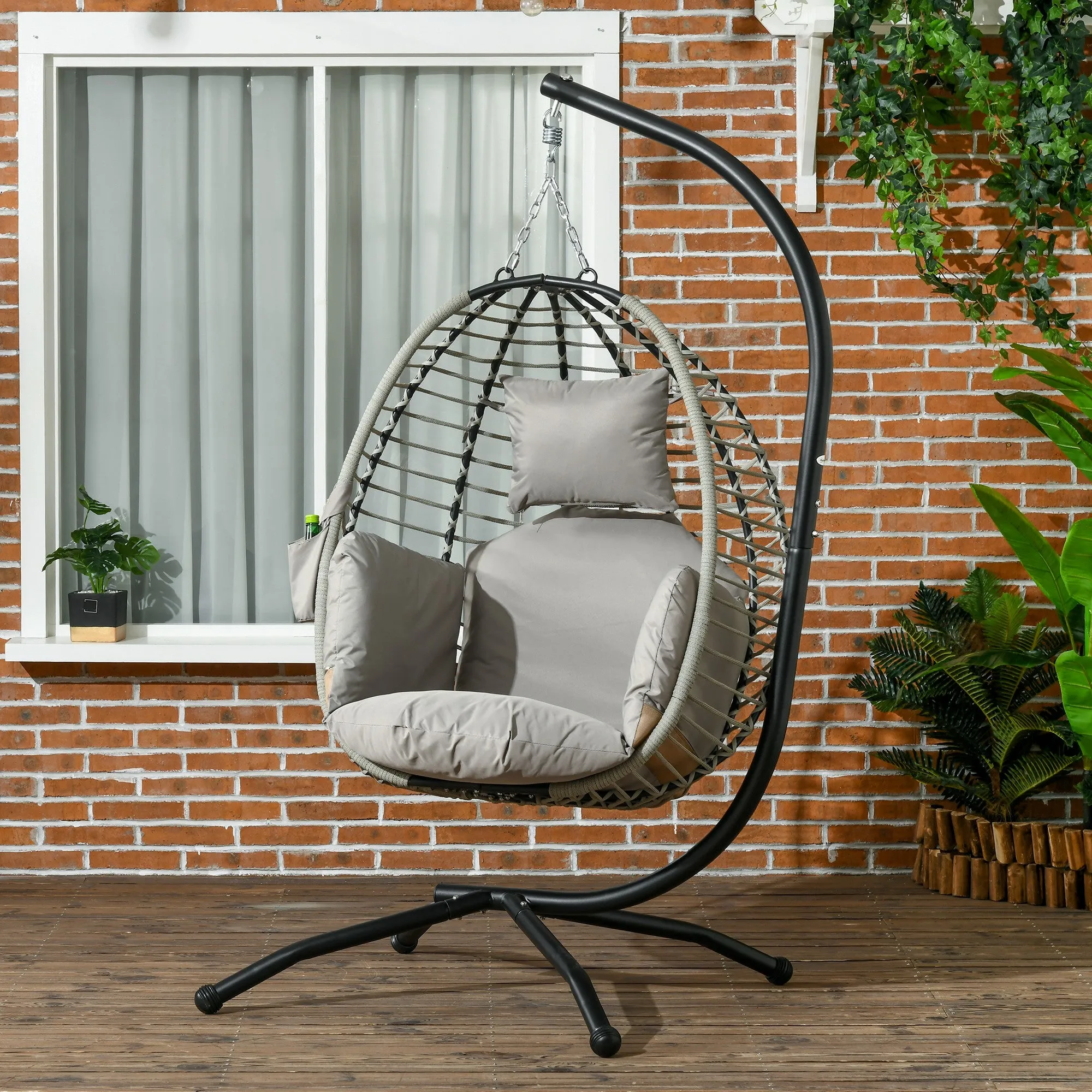 Outdoor Swing Chair with Thick Padded Cushion, Patio Hanging Egg Chair with Metal Stand, Foldable Basket, Cup Holder, Rope Structure for Indoor & Outdoor, Grey