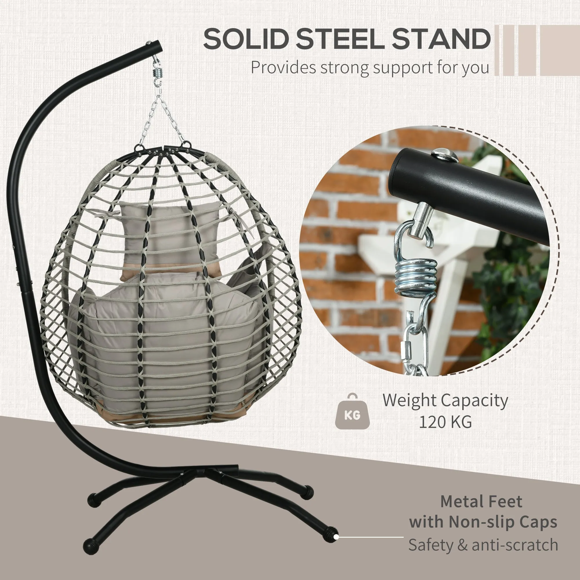 Outdoor Swing Chair with Thick Padded Cushion, Patio Hanging Egg Chair with Metal Stand, Foldable Basket, Cup Holder, Rope Structure for Indoor & Outdoor, Grey