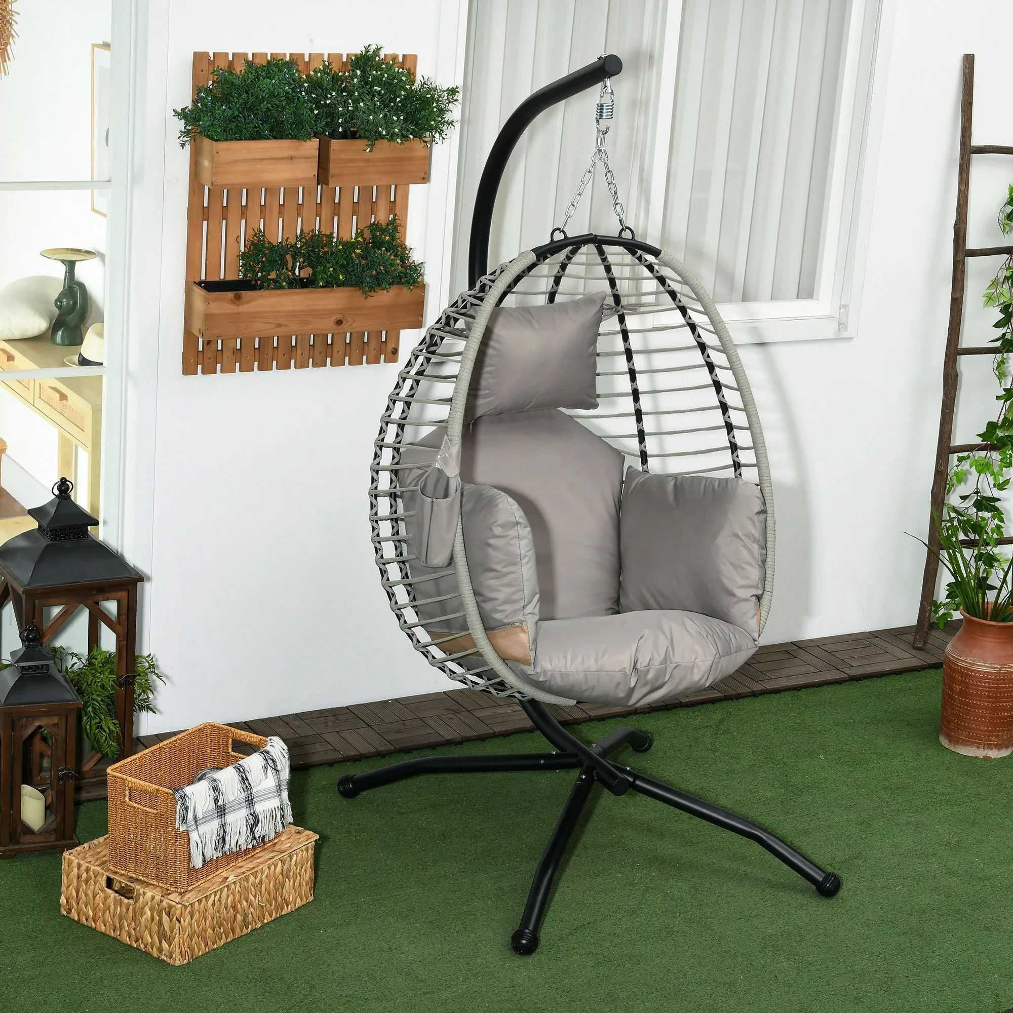 Outdoor Swing Chair with Thick Padded Cushion, Patio Hanging Egg Chair with Metal Stand, Foldable Basket, Cup Holder, Rope Structure for Indoor & Outdoor, Grey