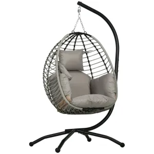 Outdoor Swing Chair with Thick Padded Cushion, Patio Hanging Egg Chair with Metal Stand, Foldable Basket, Cup Holder, Rope Structure for Indoor & Outdoor, Grey