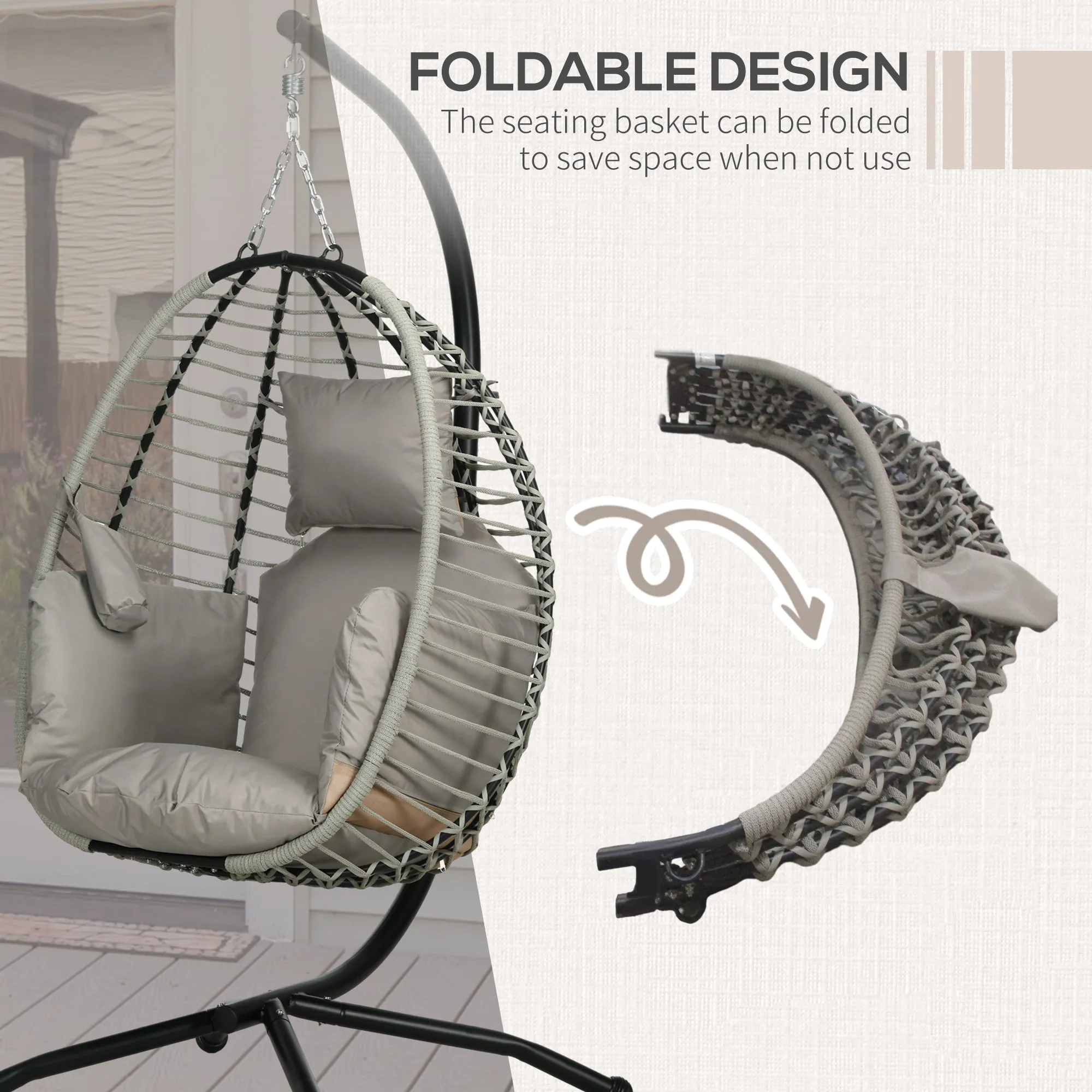 Outdoor Swing Chair with Thick Padded Cushion, Patio Hanging Egg Chair with Metal Stand, Foldable Basket, Cup Holder, Rope Structure for Indoor & Outdoor, Grey