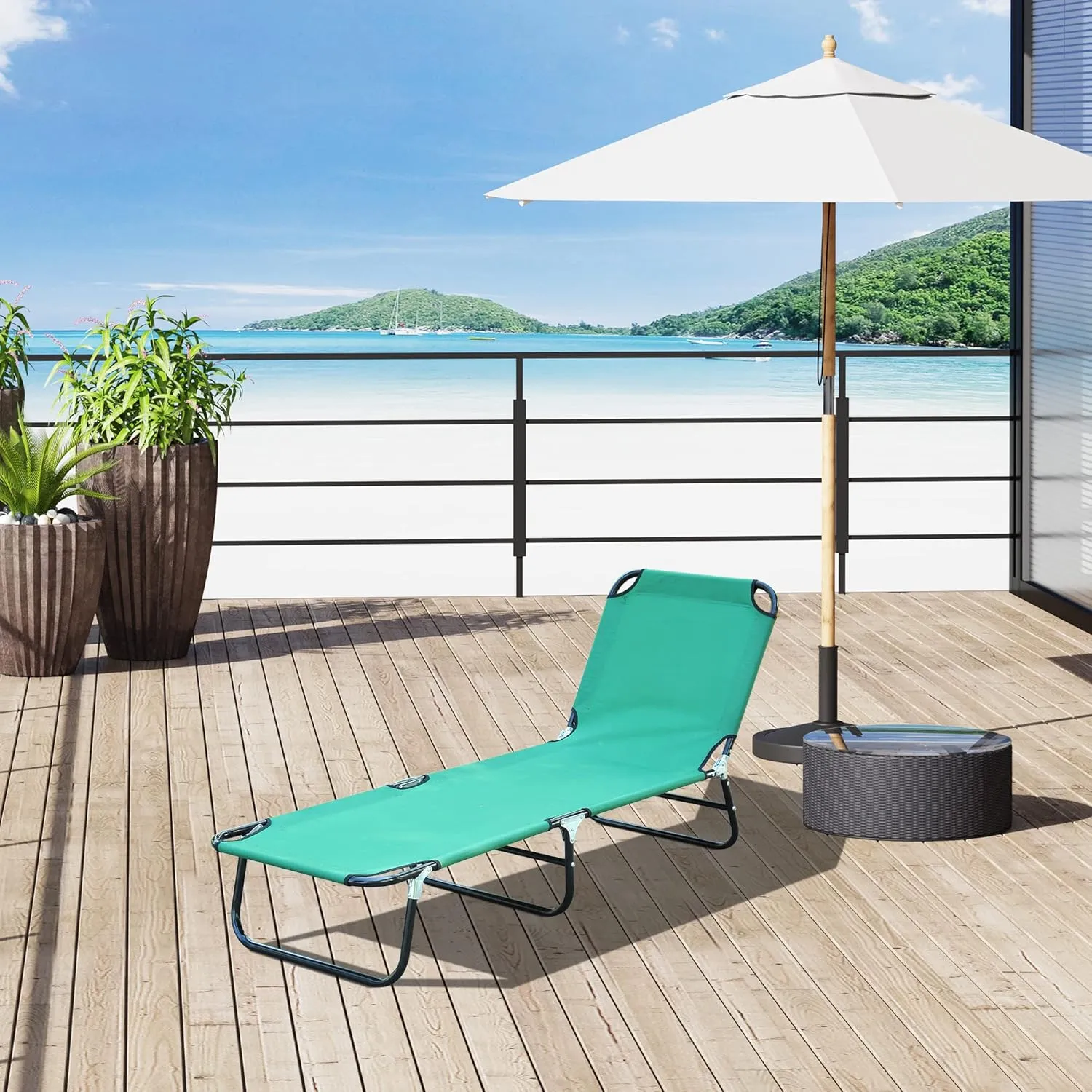 Outsunny Folding Chaise Lounge Pool Chairs, Outdoor Sun Tanning Chairs with 5-Level Reclining Back, Steel Frame for Beach, Yard, Patio, Green