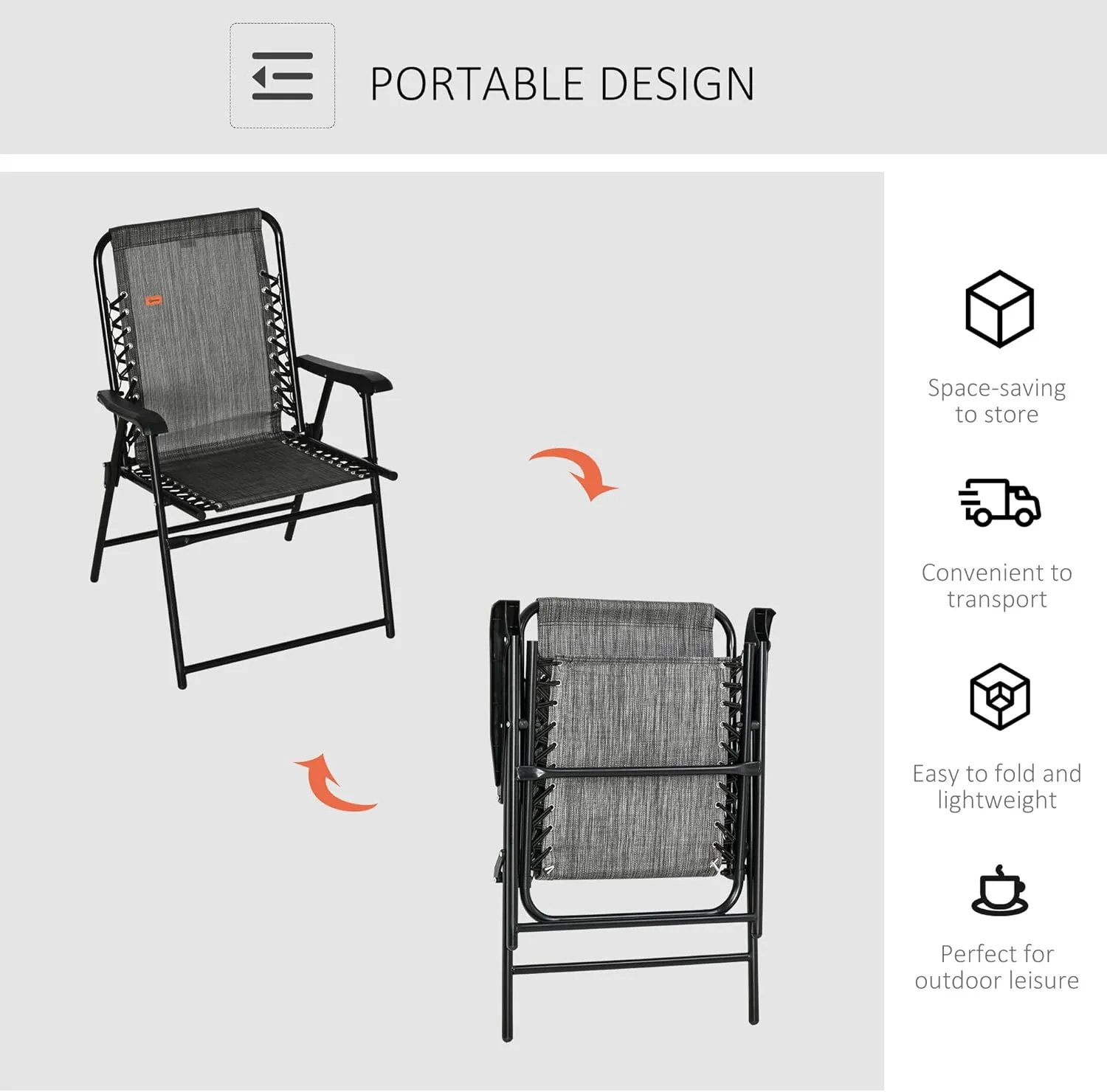 Outsunny Patio Folding Chair, Outdoor Bungee Sling Chair w/Armrests, Portable Lawn Chair for Camping, Garden, Pool, Beach, Backyard, Gray