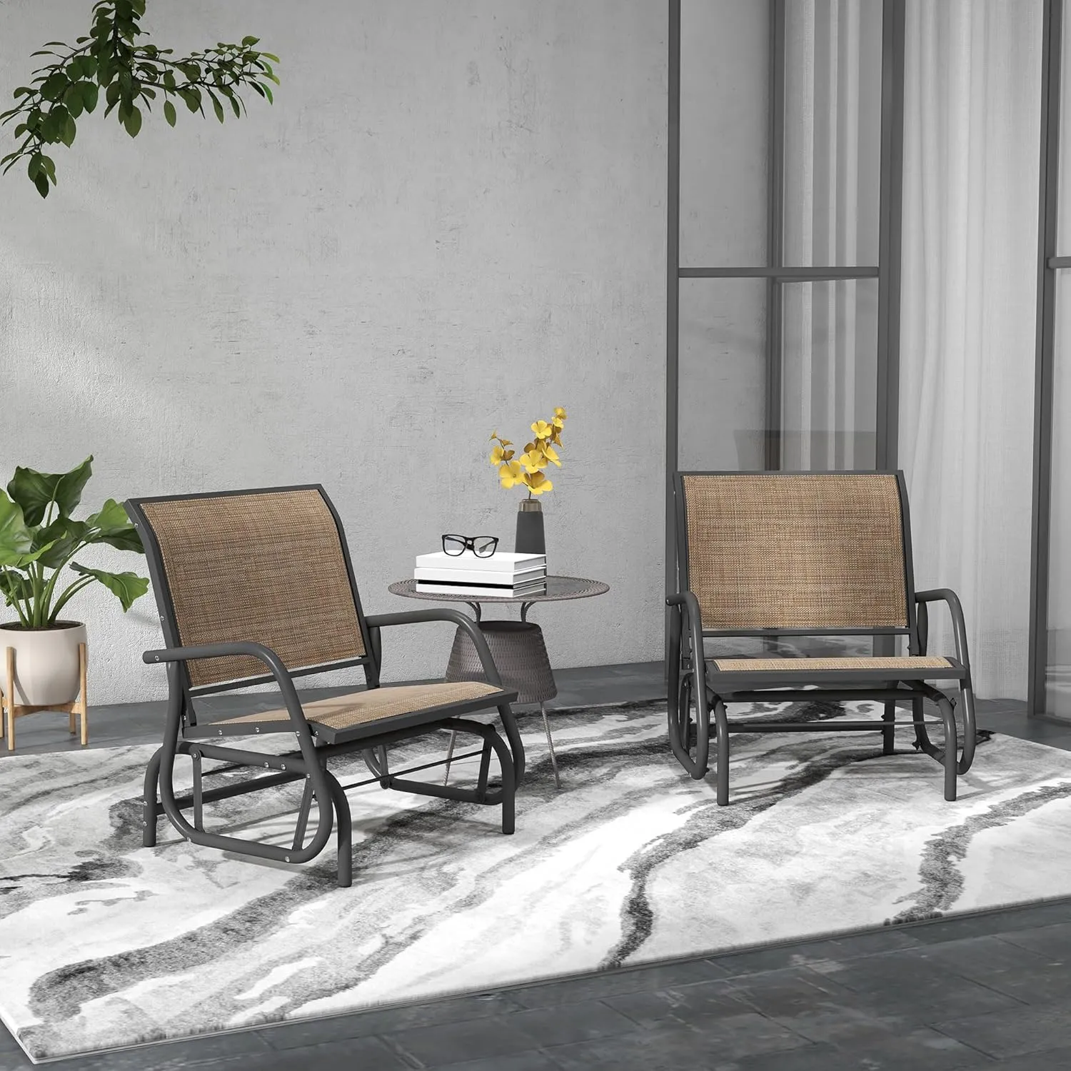 Outsunny Porch Glider Set of 2, Metal Frame Swing Glider Chair with Breathable Mesh Fabric, Curved Armrests and Steel Frame for Garden, Poolside, Backyard, Balcony, Light Mixed Brown