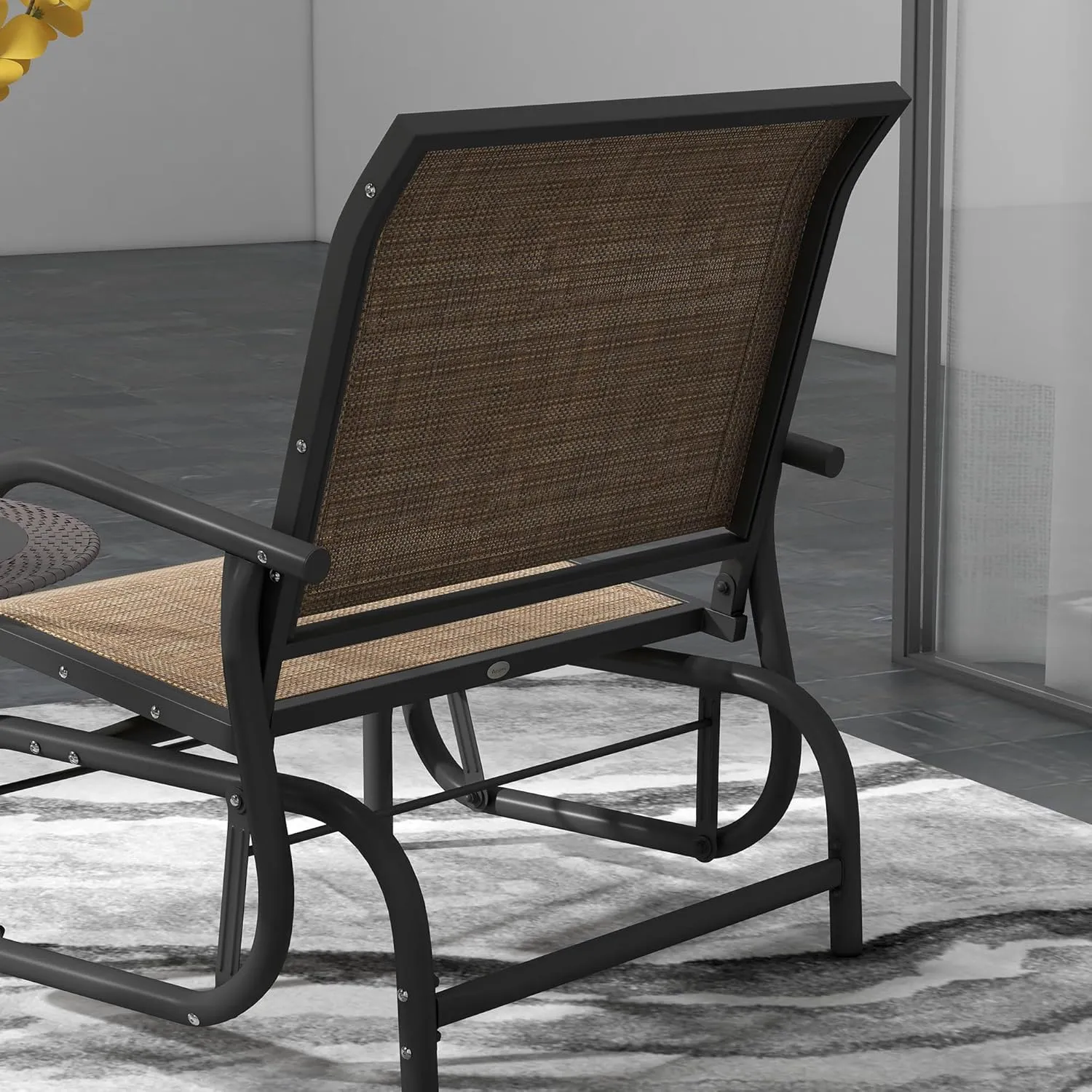 Outsunny Porch Glider Set of 2, Metal Frame Swing Glider Chair with Breathable Mesh Fabric, Curved Armrests and Steel Frame for Garden, Poolside, Backyard, Balcony, Light Mixed Brown