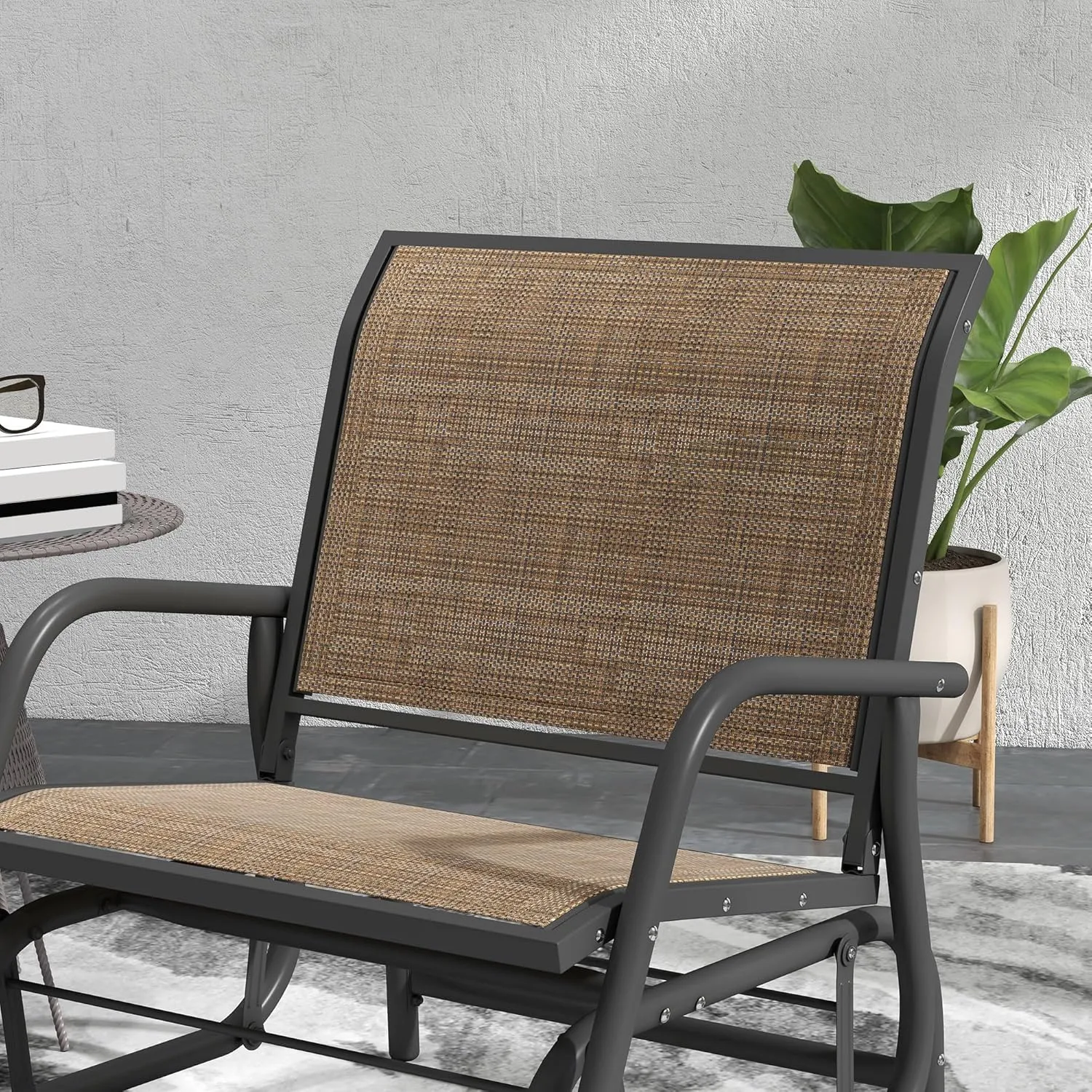 Outsunny Porch Glider Set of 2, Metal Frame Swing Glider Chair with Breathable Mesh Fabric, Curved Armrests and Steel Frame for Garden, Poolside, Backyard, Balcony, Light Mixed Brown
