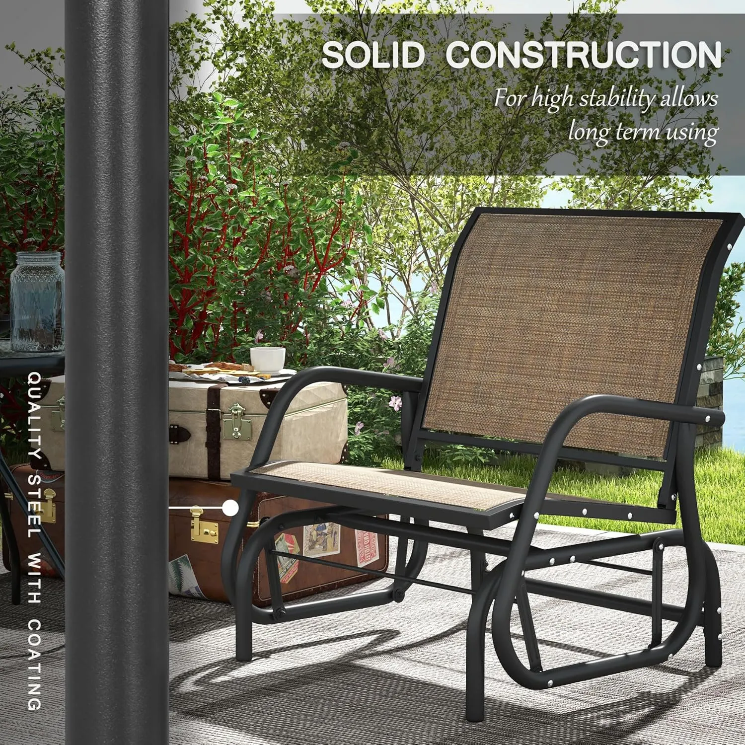 Outsunny Porch Glider Set of 2, Metal Frame Swing Glider Chair with Breathable Mesh Fabric, Curved Armrests and Steel Frame for Garden, Poolside, Backyard, Balcony, Light Mixed Brown