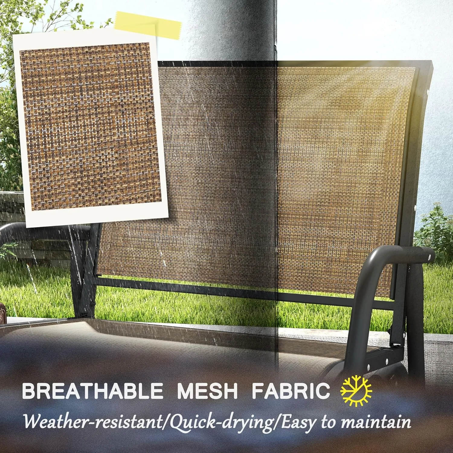 Outsunny Porch Glider Set of 2, Metal Frame Swing Glider Chair with Breathable Mesh Fabric, Curved Armrests and Steel Frame for Garden, Poolside, Backyard, Balcony, Light Mixed Brown