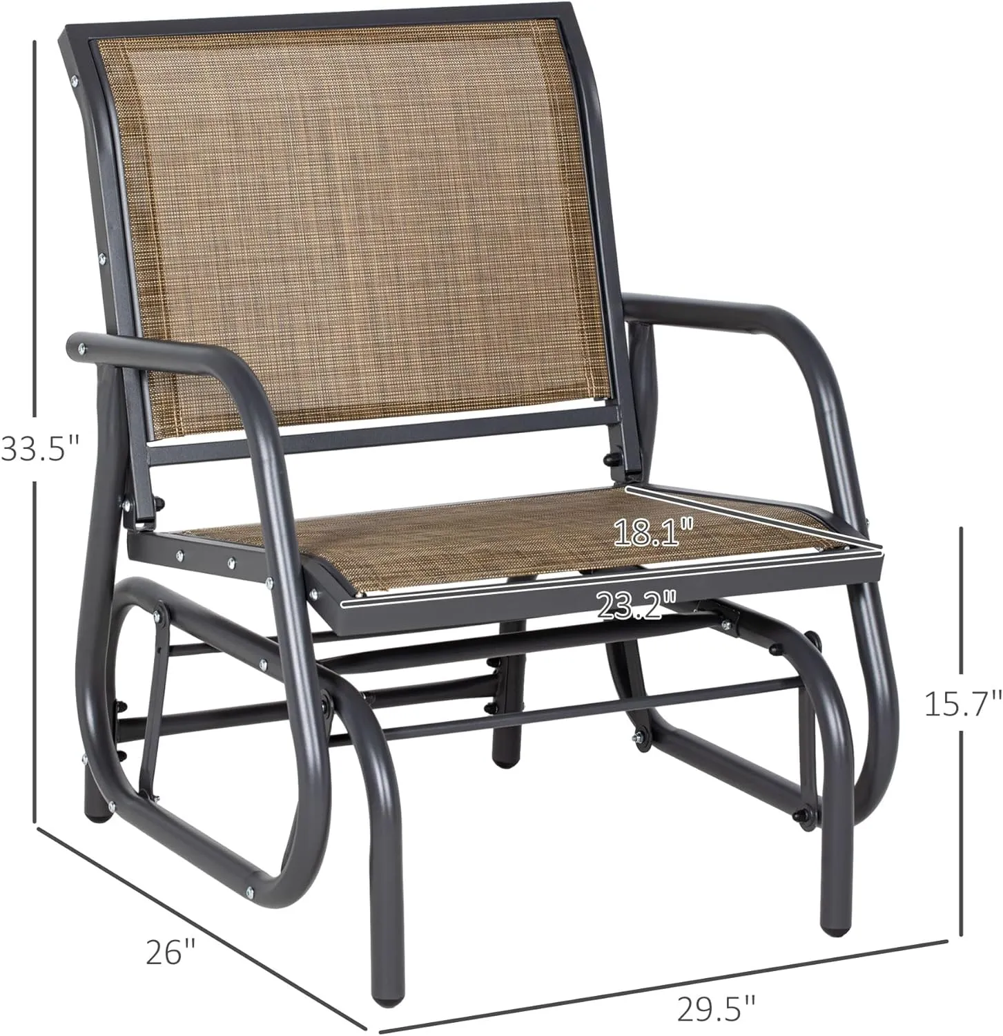Outsunny Porch Glider Set of 2, Metal Frame Swing Glider Chair with Breathable Mesh Fabric, Curved Armrests and Steel Frame for Garden, Poolside, Backyard, Balcony, Light Mixed Brown