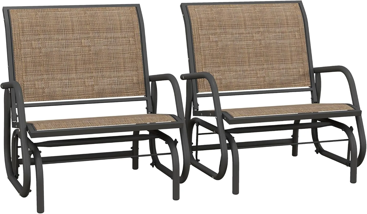 Outsunny Porch Glider Set of 2, Metal Frame Swing Glider Chair with Breathable Mesh Fabric, Curved Armrests and Steel Frame for Garden, Poolside, Backyard, Balcony, Light Mixed Brown