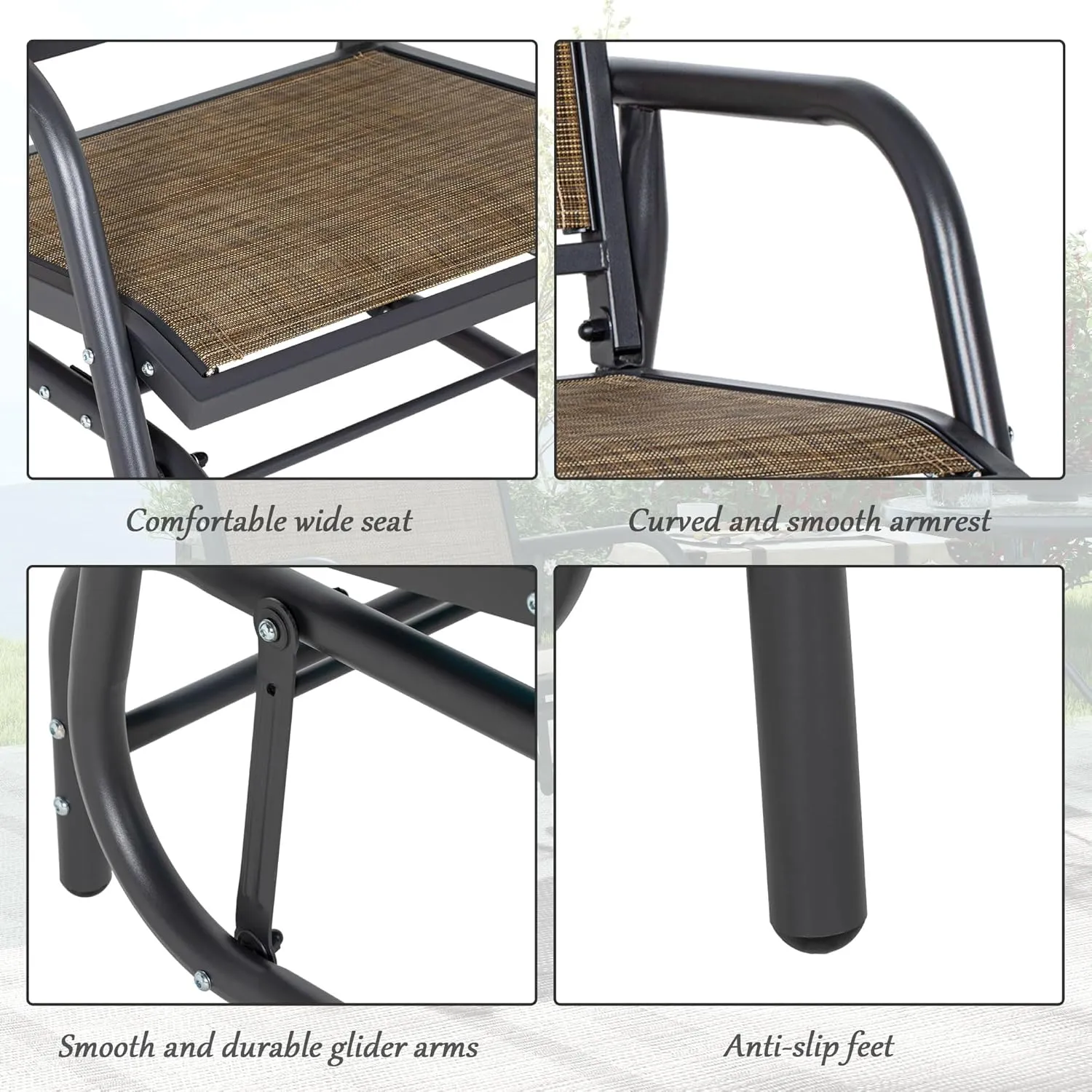 Outsunny Porch Glider Set of 2, Metal Frame Swing Glider Chair with Breathable Mesh Fabric, Curved Armrests and Steel Frame for Garden, Poolside, Backyard, Balcony, Light Mixed Brown