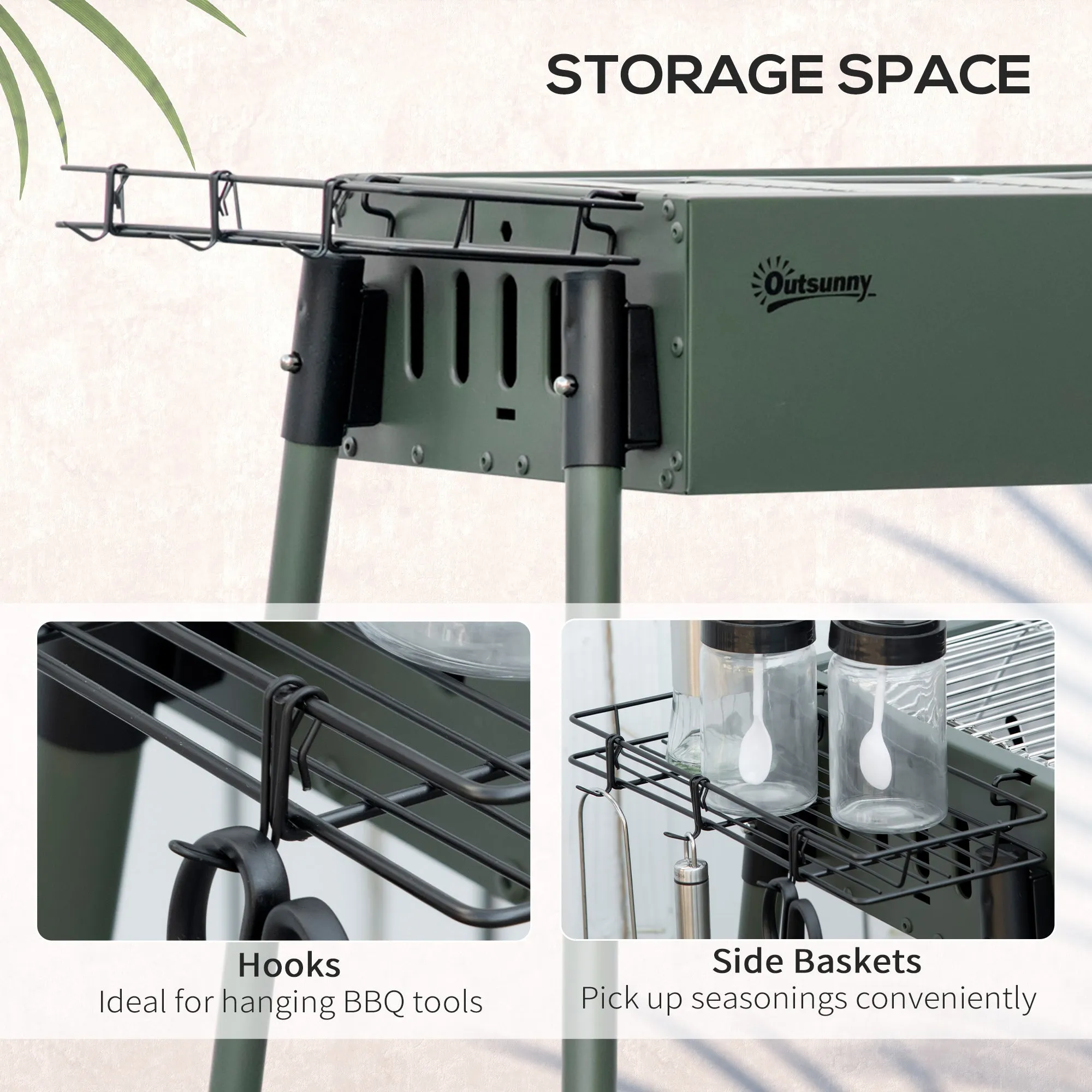 Outsunny Portable Charcoal Barbecue BBQ Grill with Seasoning Baskets and Hooks