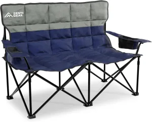 Oversized Fully Padded Double Camping Chair, Portable Folding Loveseat w/Side & Back Pockets, Adjustable Armrests, Double-Sized Cup Holders for Outdoor, Indoor, Supports 530LBS (Dark Navy)