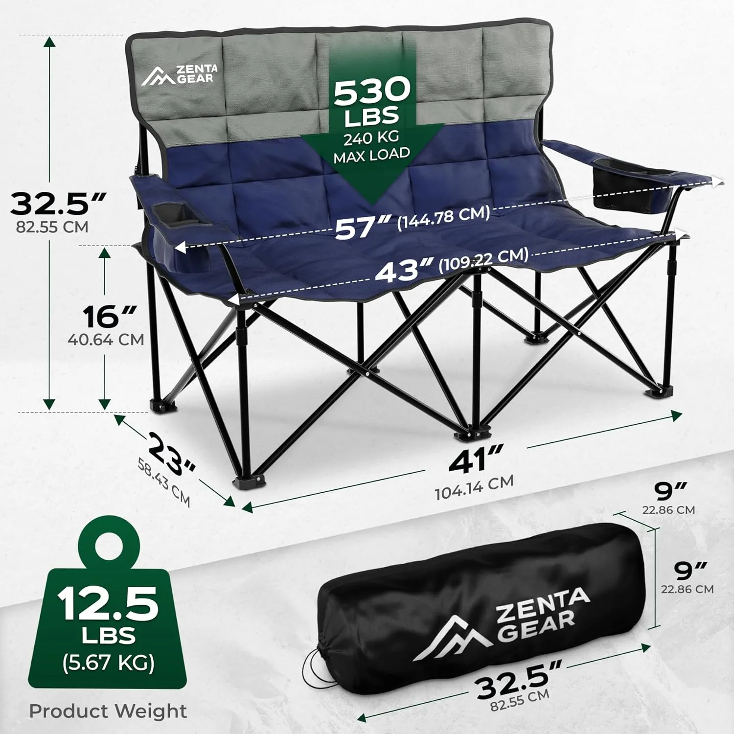 Oversized Fully Padded Double Camping Chair, Portable Folding Loveseat w/Side & Back Pockets, Adjustable Armrests, Double-Sized Cup Holders for Outdoor, Indoor, Supports 530LBS (Dark Navy)