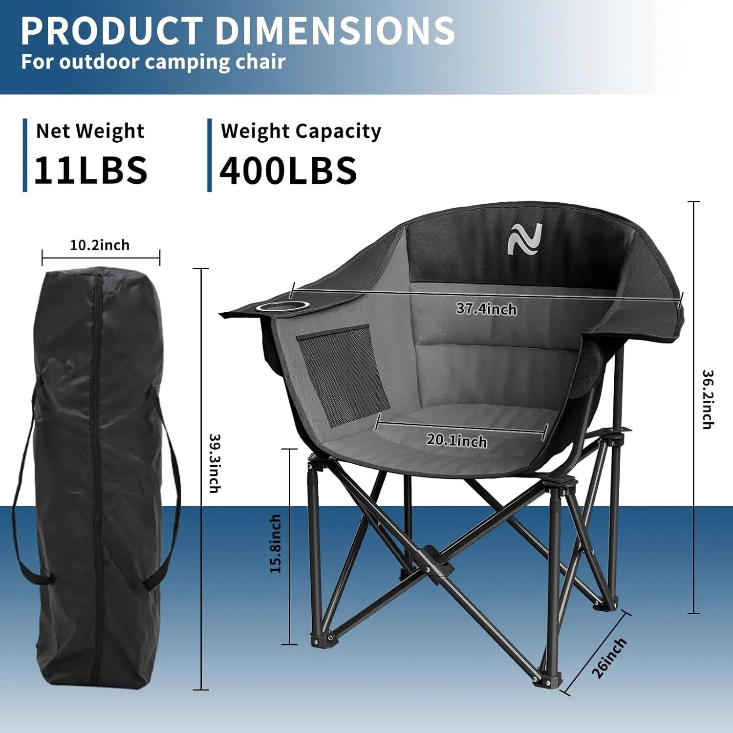 Oversized Padded Camping Chair - Heavy Duty Support 400lbs - Portable Folding Chair with Side Pocket Cup Holder and Carry Bag - Collapsible Outdoor Chairs for Adults Sports Garden Beach Fishing
