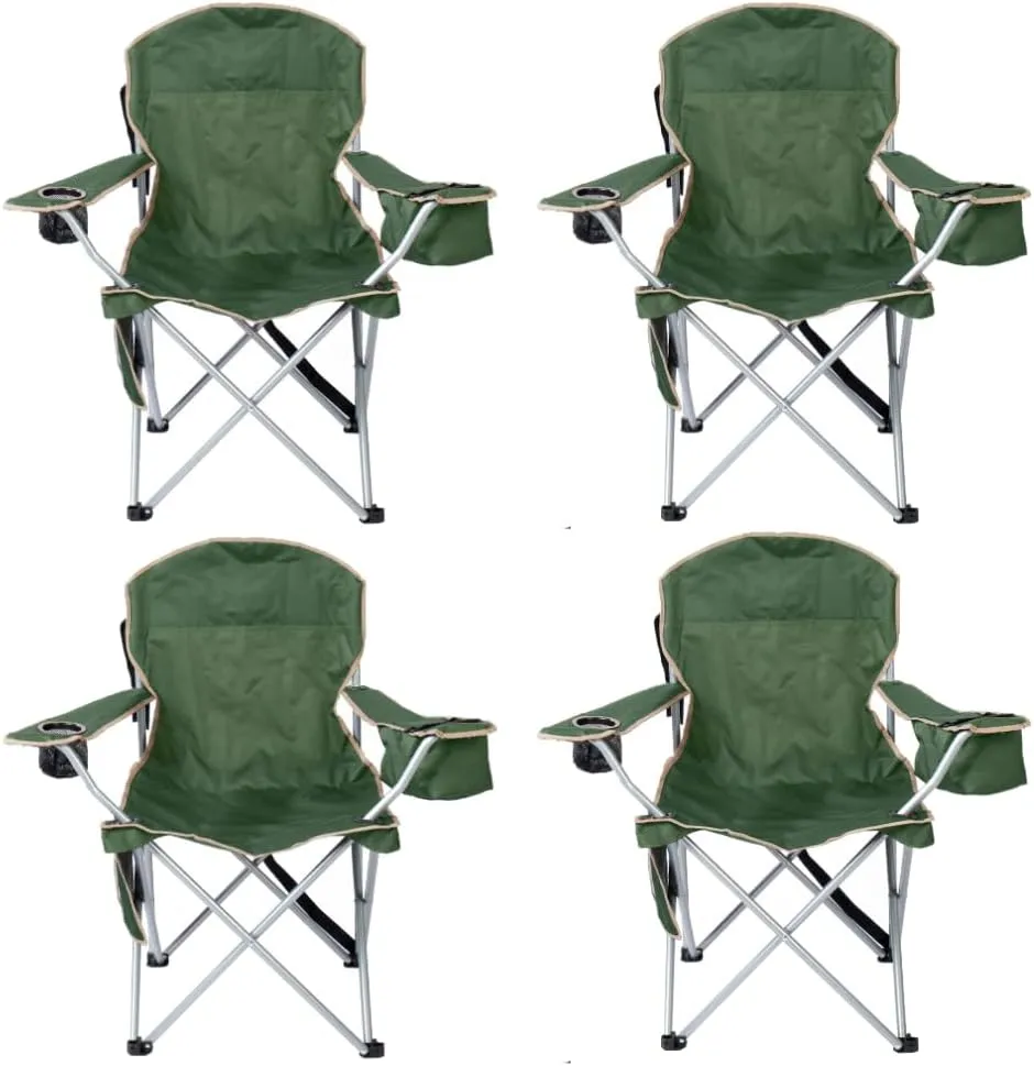 Pack of 4 Portable Lawn Chairs, with Built-in Can Cooler, Storage Pocket, Carry Bag, and Cup Holder, Includes Carry Bag – Olive Green [4-Pack]