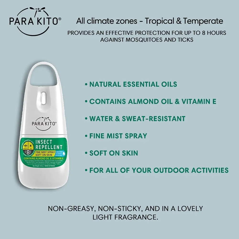 PARA'KITO Mosquito, Ticks & Insect Spray- DEET Free, Citronella Essential Oil, Water & Sweat Resistant, Mosquito Bite Protection in Camping, Hiking, Travel Outdoor Activities (2.2oz)