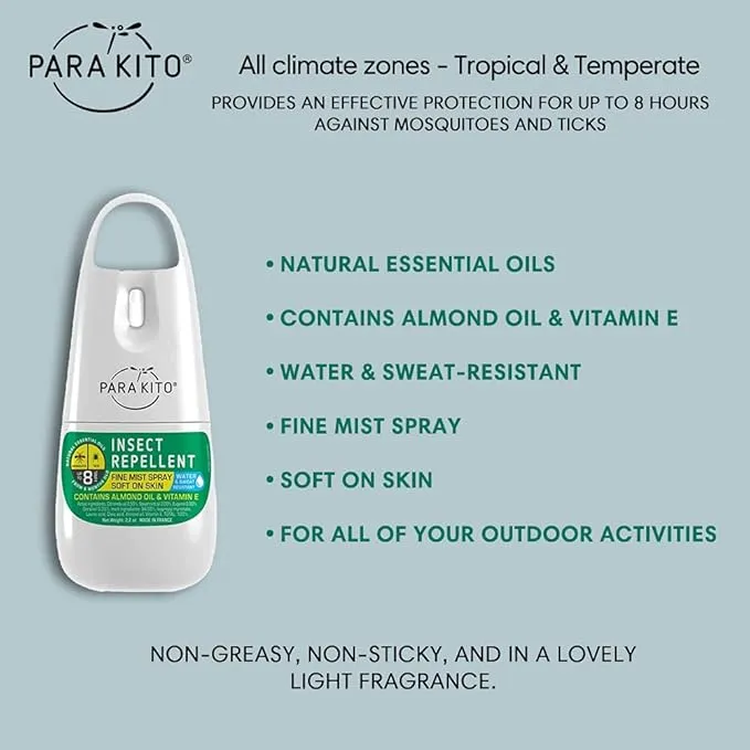 PARA'KITO Mosquito, Ticks & Insect Spray- DEET Free, Citronella Essential Oil, Water & Sweat Resistant, Mosquito Bite Protection in Camping, Hiking, Travel Outdoor Activities (2.2oz)