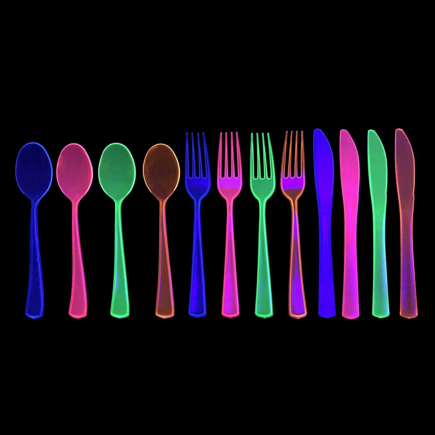 Party Essentials Heavy-Duty Hard Plastic Cutlery Combo Pack, 144 Pieces/48 Place Settings, Assorted Neon Brights